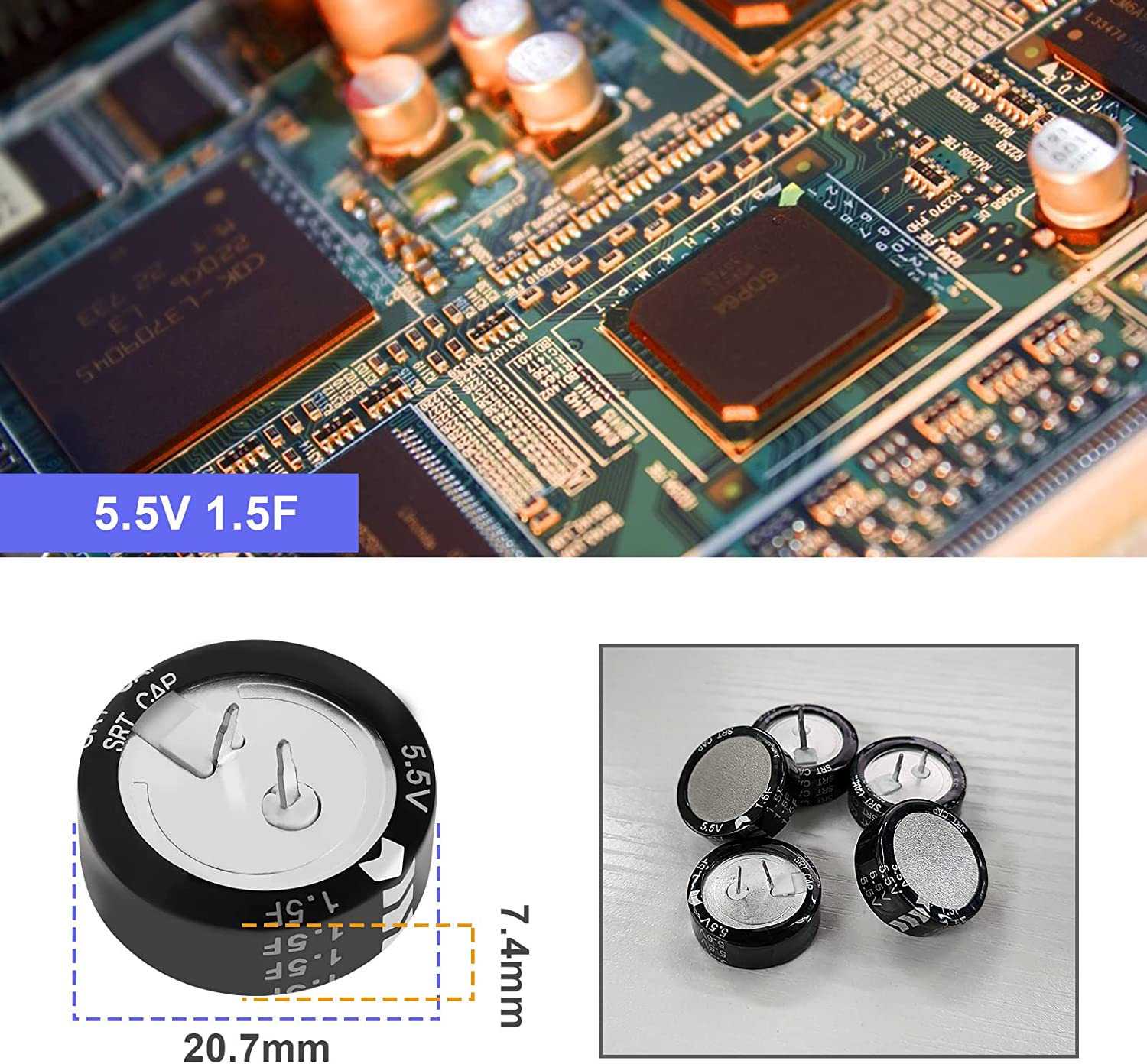 Emagtech 5PCS Super Capacitor 5.5V 1.5F C-Type Button Capacitor High Energy Low Resistance High Consistency for Consumer Electronics Toys image number 3