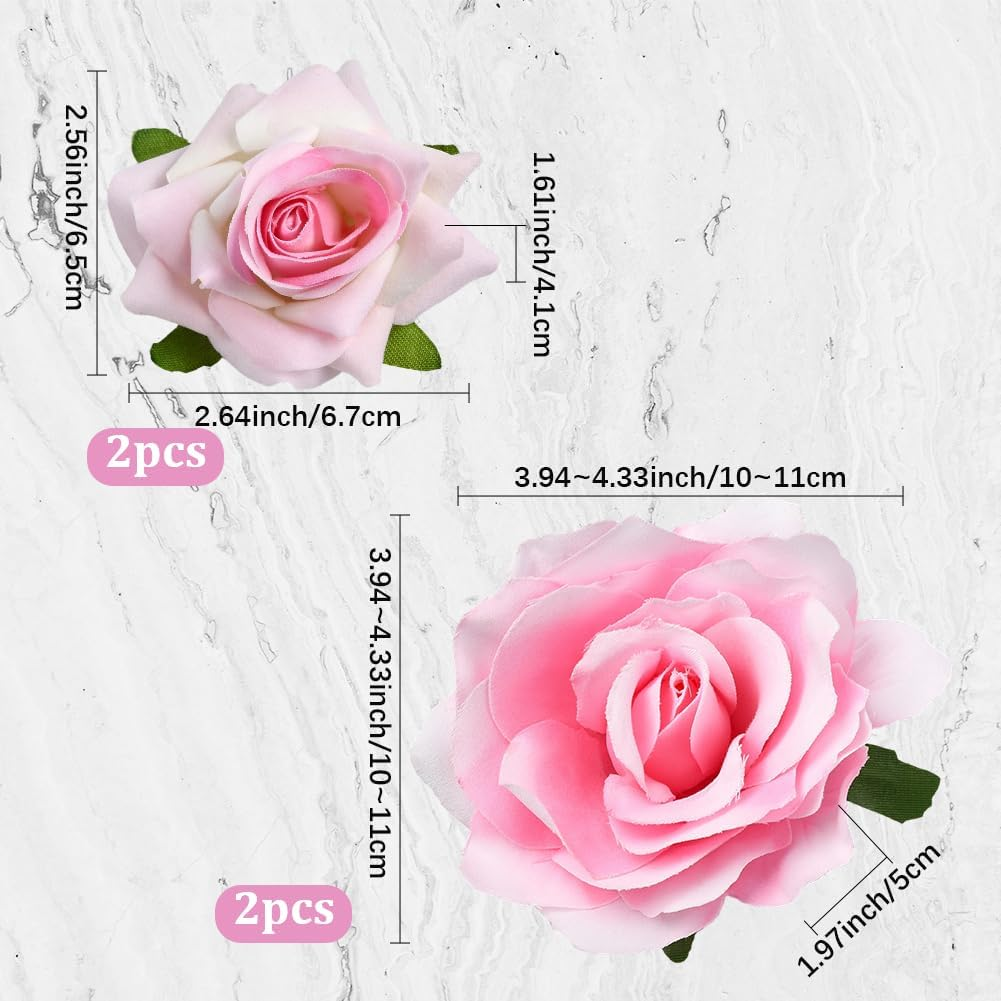 SOFPLATE Pack of 4 2 Styles Pink Rose Hair Clips Large Flower Brooch Large Fabric Pins Elegant Flowers Metal Decorative Hair Clips Accessories for Hairstyle Wedding Festival Party DIY Decoration image number 1