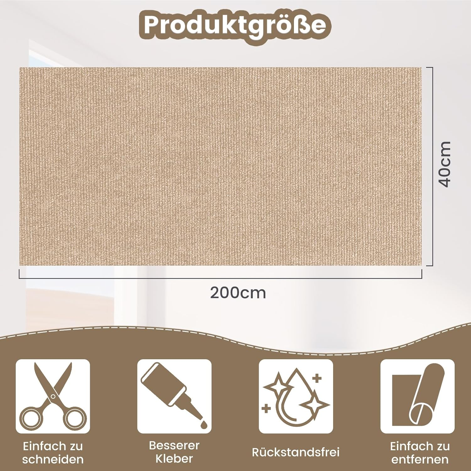 Self-Adhesive Cat Scratching Mat, Cat Wall Scratching Board, DIY Scratching Board, Scratch Protection Sofa Ideal for Scratching Carpet Cats, Cat Scratching Boards, Scratching Wall 200 X 40 Cm (Khaki) image number 3