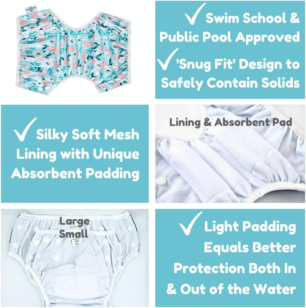Reusable Adjustable Swim Nappy LARGE 12-20Kg (AU Size 2-5) Girls 'Toddler to Preschool' Premium Cloth Swimming Diaper BLUE BLOSSOM_L - Blue Blossom image number 2
