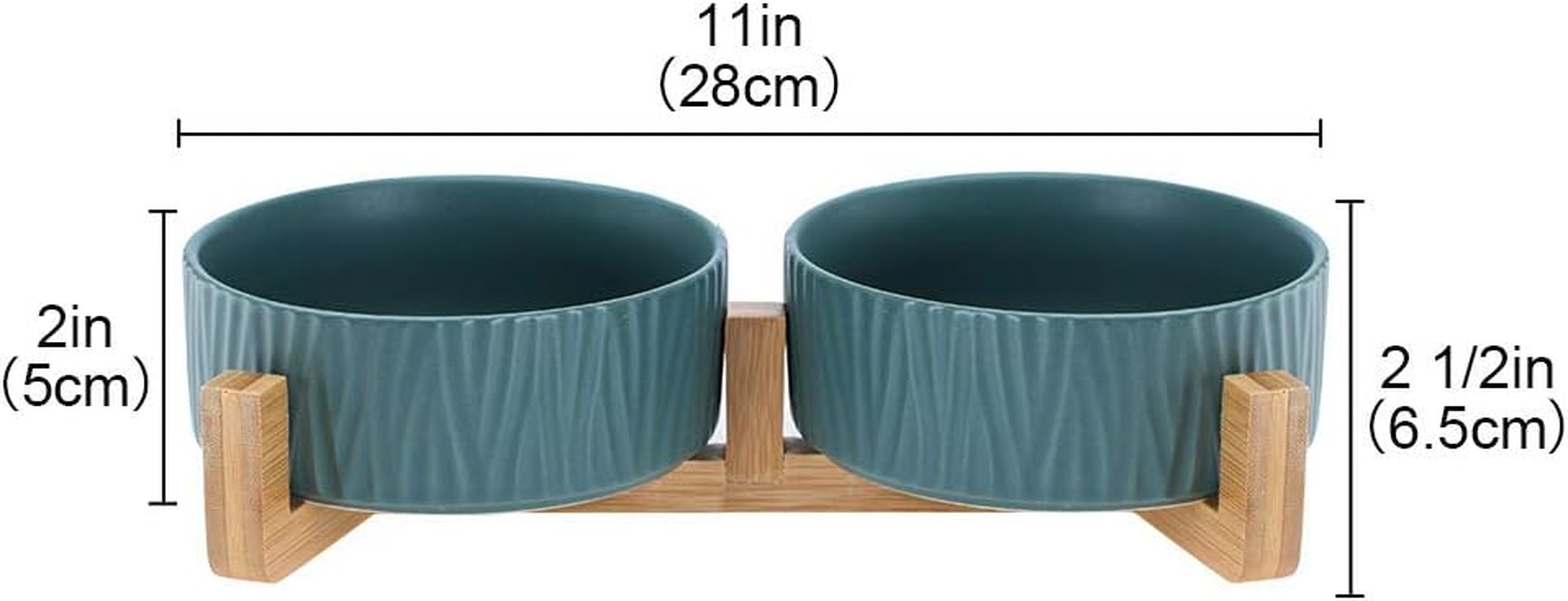 Green Ceramic Cat Dog Bowl Dish with Wood Stand No Spill Pet Food Water Feeder Cats Dogs Set of 2 image number 2