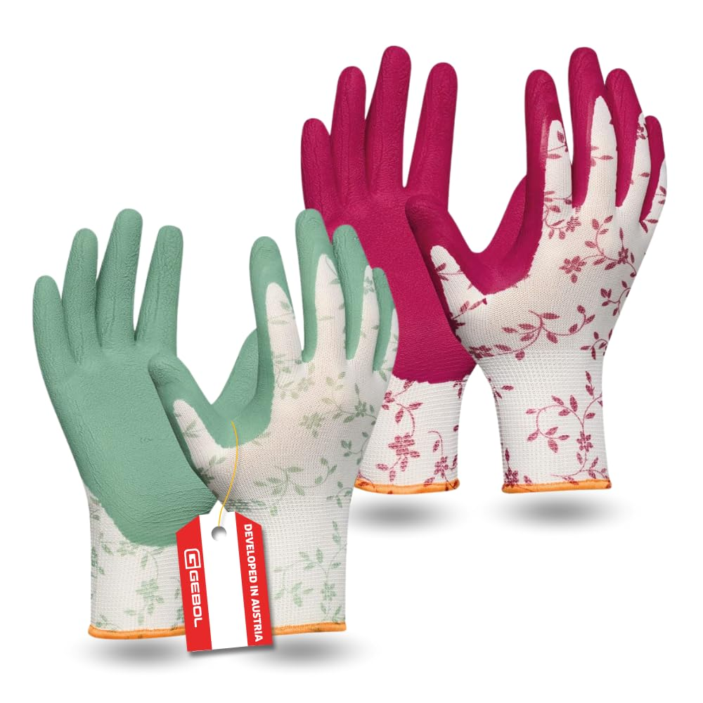 Gebol Flower Duo Women'S Gardening Gloves, Work Gloves with Latex Coating and Floral Pattern, Breathable with Grip for Garden & Assembly, Size S (Size 7), Red/Green, 2 Pairs