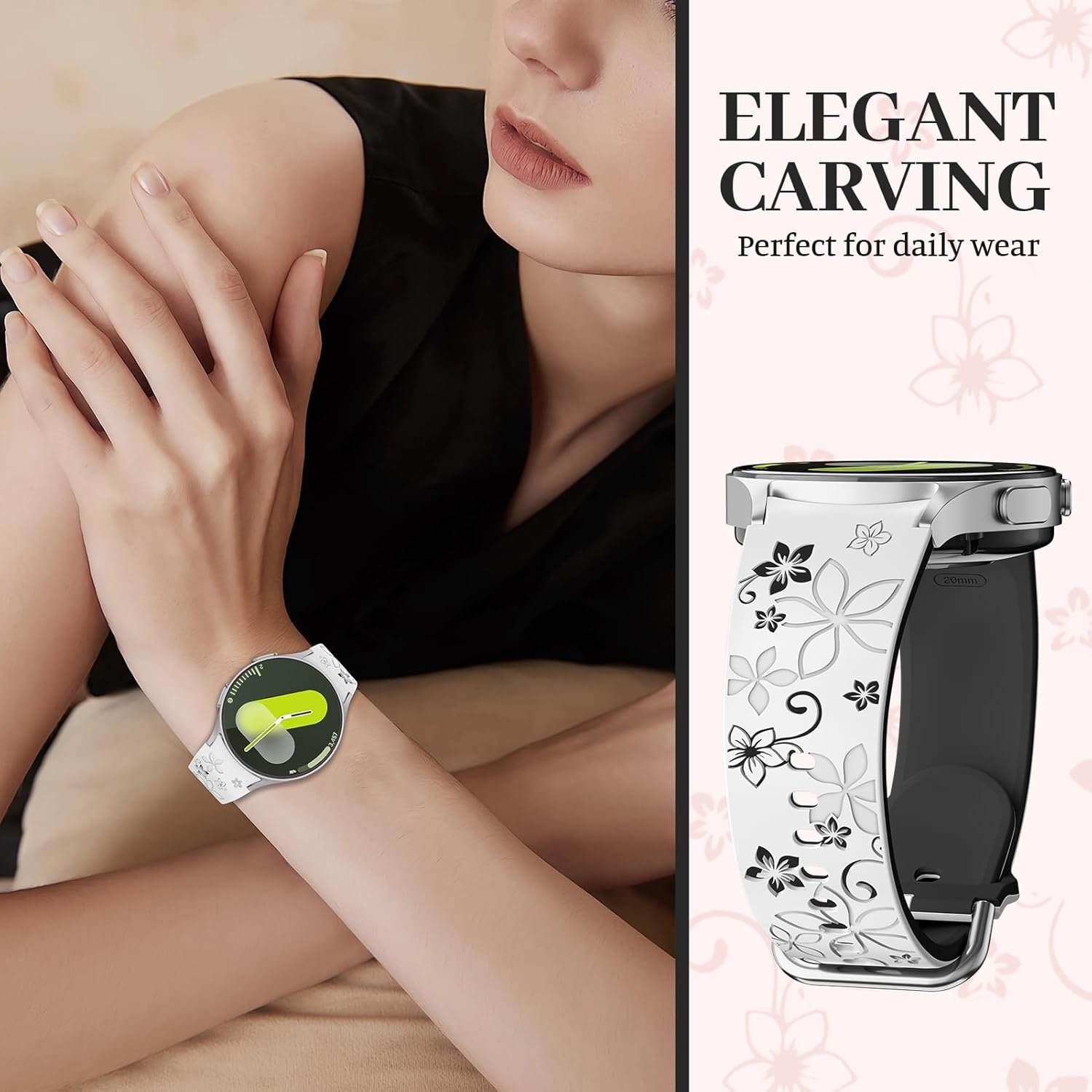 Flower Engraved Straps for Samsung Galaxy Watch 7/6/5/4/FE 40Mm 44Mm/Galaxy Watch 6/4 Classic Bands 47Mm 43Mm 46Mm 42Mm/Watch 5 Pro 45Mm Women,No Gap Band Silicone Cute Floral Armband Wristband - Black Orange image number 2