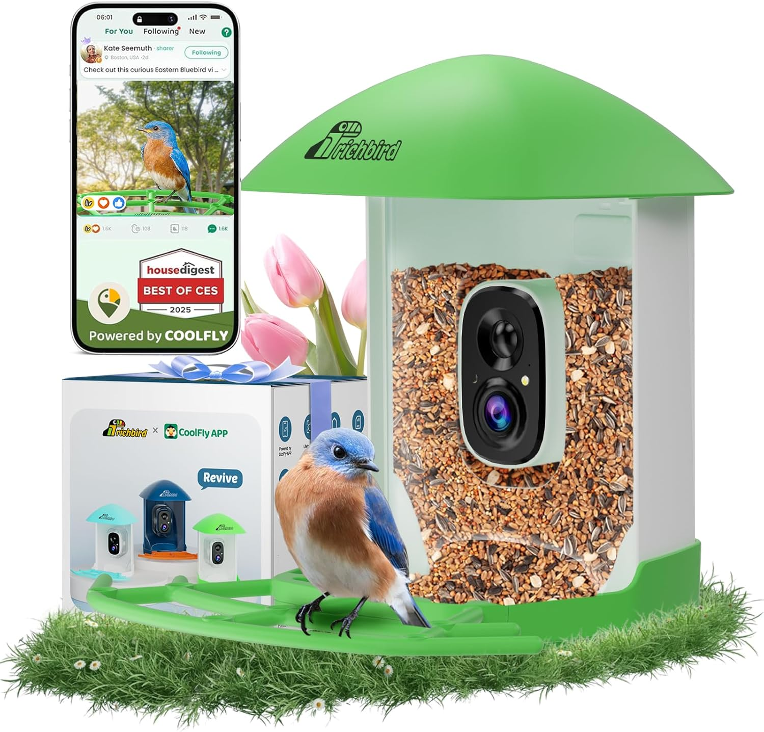 Smart Bird Feeder with Camera, 2K HD Birdwatching Camera with AI Identify Bird Species & Solar Panel, Auto Video Capture & Instant Notifications, Ideal Gifts for Lover, Deep Blue