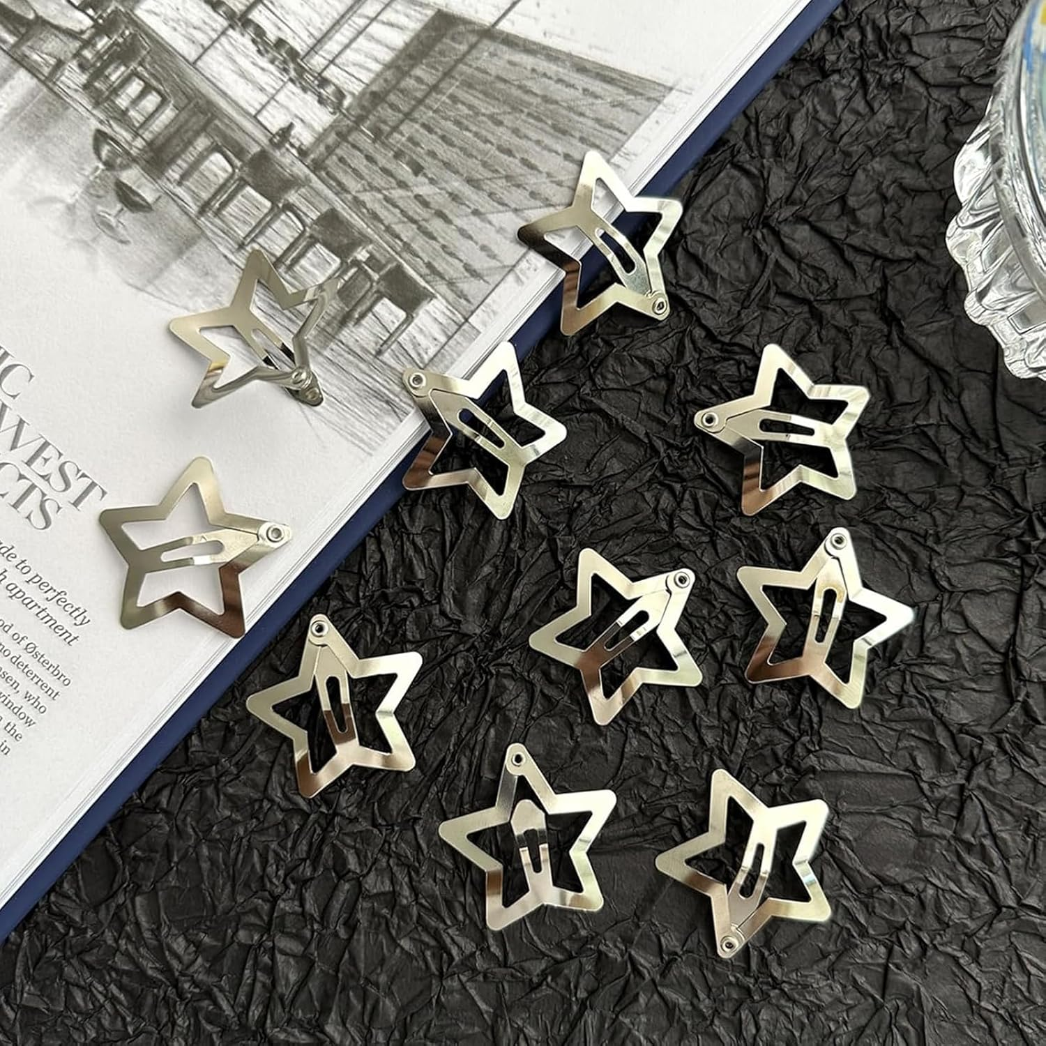 Pack of 12 Star Hair Clips, Silver Coloured Hollowed Stars Hair Pins, Cute Star Hair Clips with Snap Closure for Girls and Women image number 2