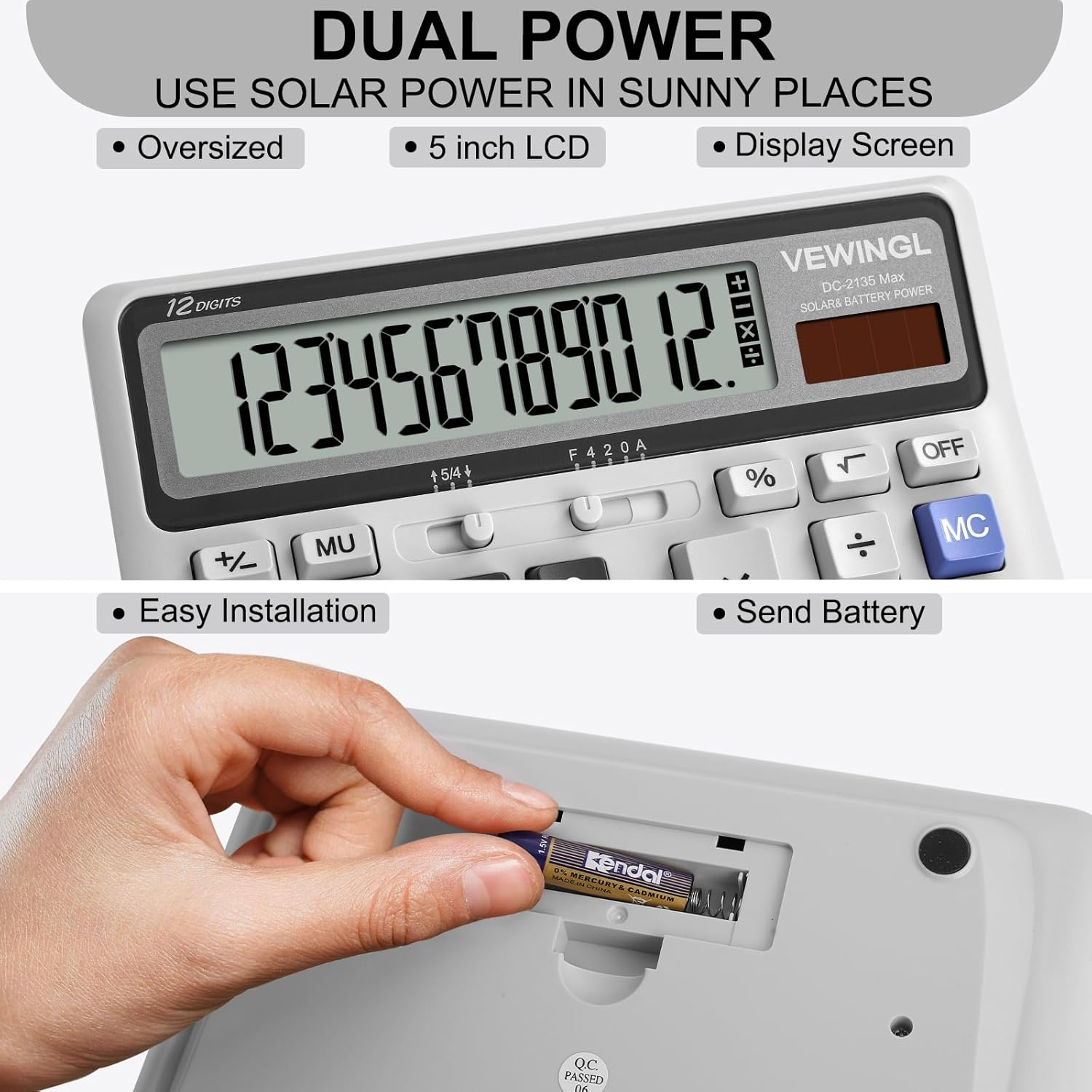 VEWINGL Desk Calculator 12 Digit, Large Computer Keys,Desktop Dual Power Battery and Solar, Calculator with Large LCD Display for Office,School, Home & Business Use,Automatic Sleep.7.6 * 6.4In - Retro Gray image number 4