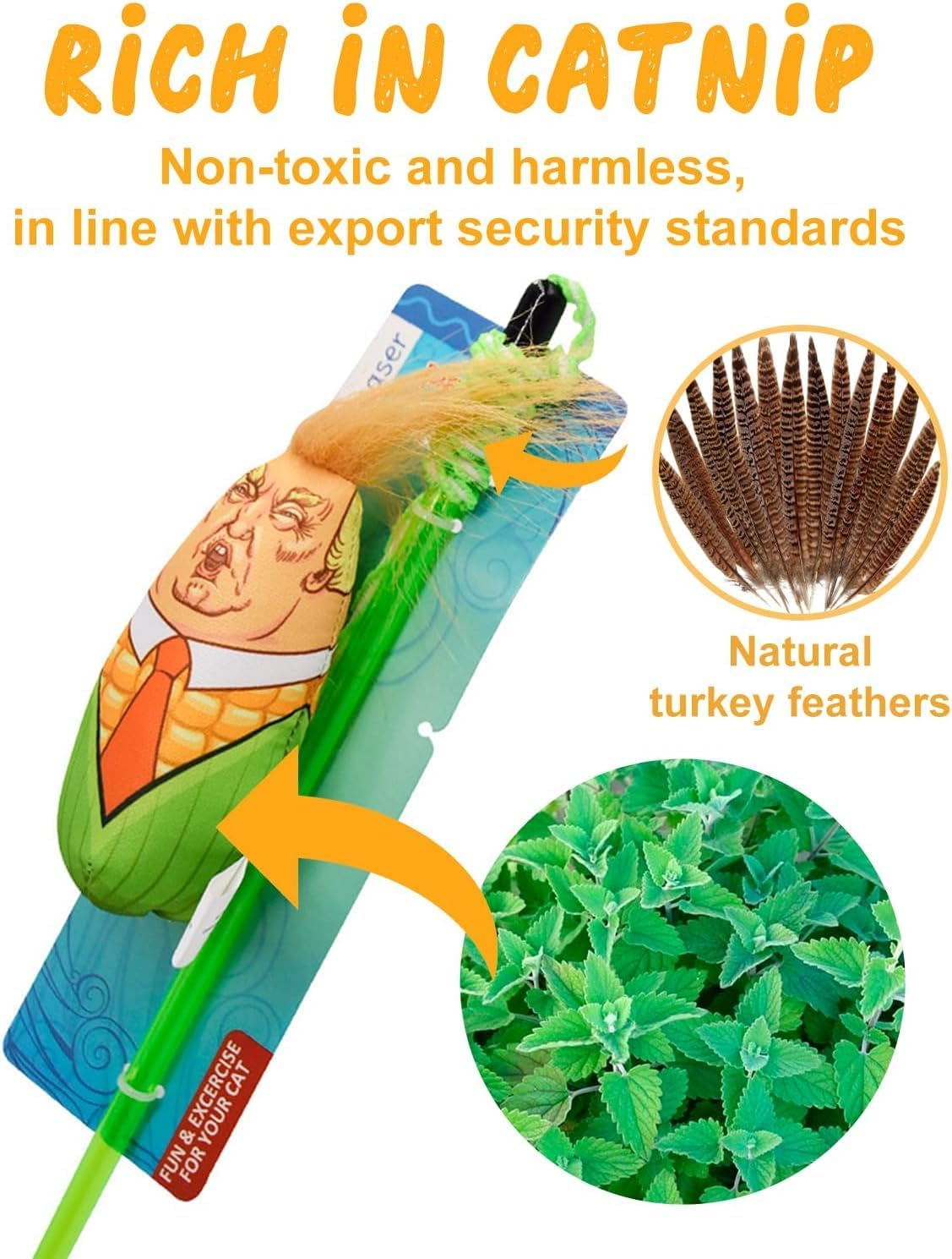 Interactive Cat Toys Donald Trump, Trump Doll Feather Cat Wand Toy, Catnip Toys, Cat Teaser Wand String, Cat Fishing Pole Toy,Kitten Play Exercise Toys,Halloween (Trump 01)