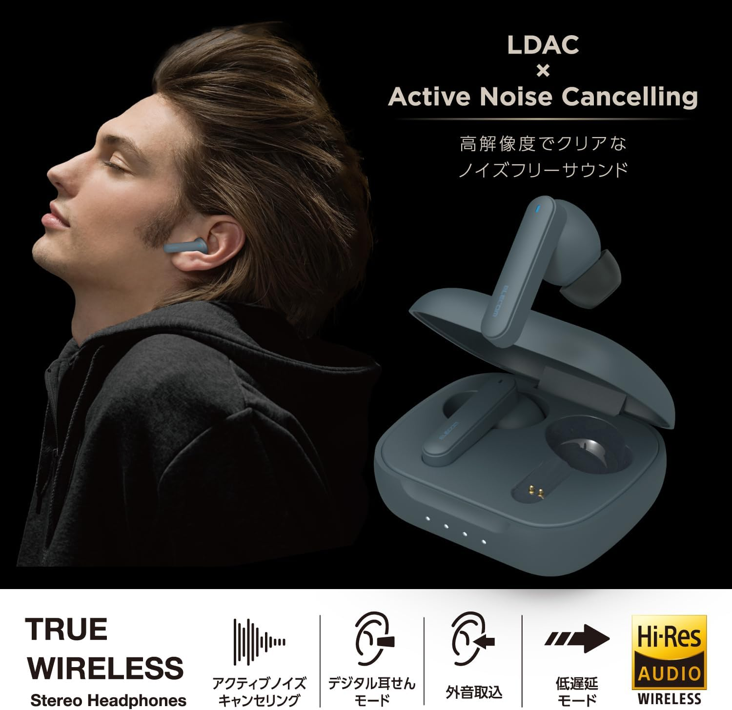 Elecom LBT-TWS18BK Bluetooth Wireless Earphones, Noise Cancelling, High Resolution Compatible, IPX4 Waterproof, Earplugs, Low Latency, External Sound Capture, Touch Operation, Hands-Free Calling, Auto - Blue Black image number 4