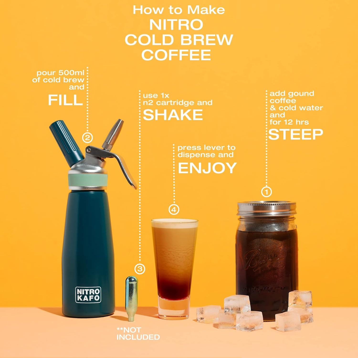 Impeccable Culinary Objects (ICO) NITRO KAFO 0.5L Coffee Maker - Aluminum Cold Brew Maker with Special Nitro Diffuser Nozzle and Mason Jar, 1 Pint/0.5L image number 3