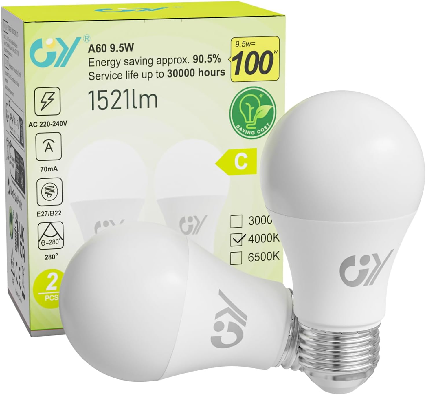 GY Screw Light Bulbs,E27 LED Bulbs Neutral White 4000K 6.5W Equivalent 75W,1050 Lumen Ultra Energy Saving Class-C Light Bulbs,Non-Dimmable,6-Pack