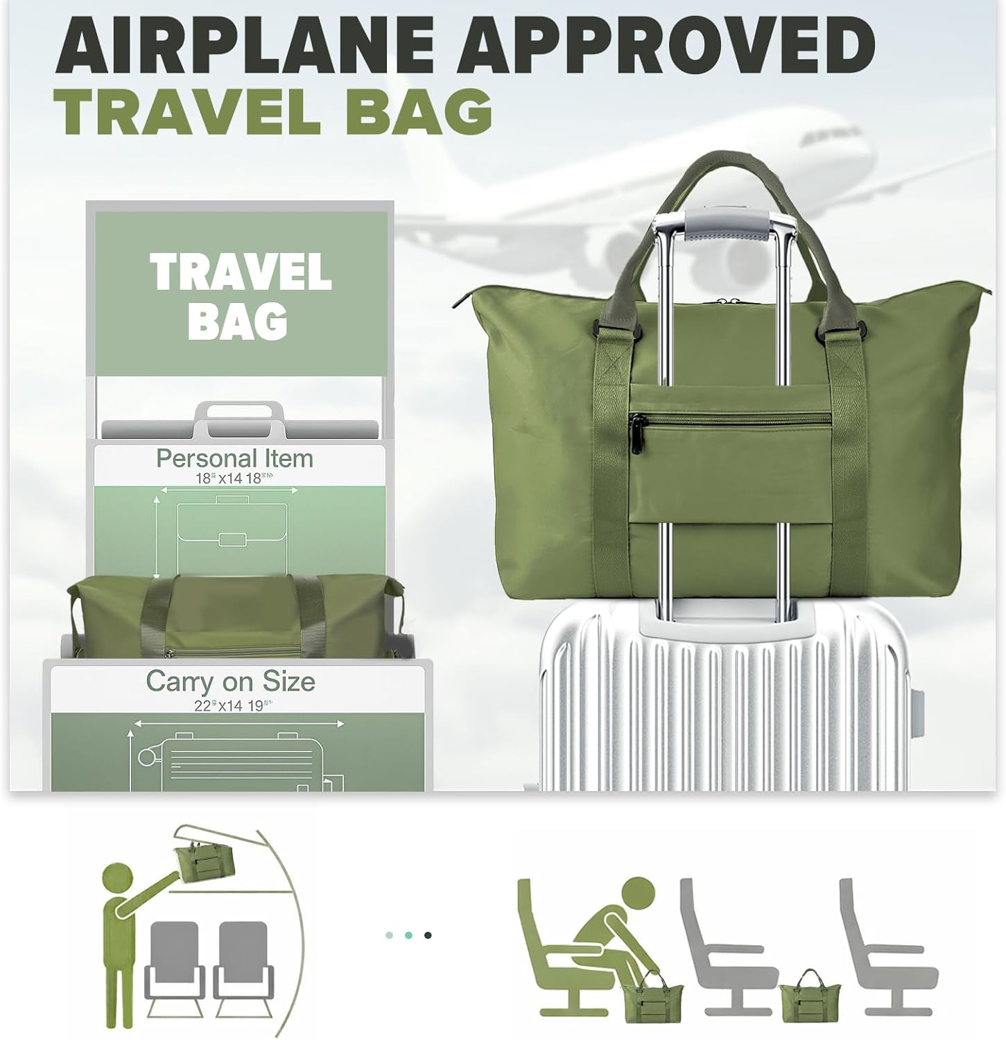 Travel Duffel Bag, Weekender Travel Bag Men Small Gym Bag for Women, Hospital Bag for Labor and Delivery, Overnight Bag Luggage Bag with Trolley Sleeve, Airplane Travel Essentials for Flying, Green