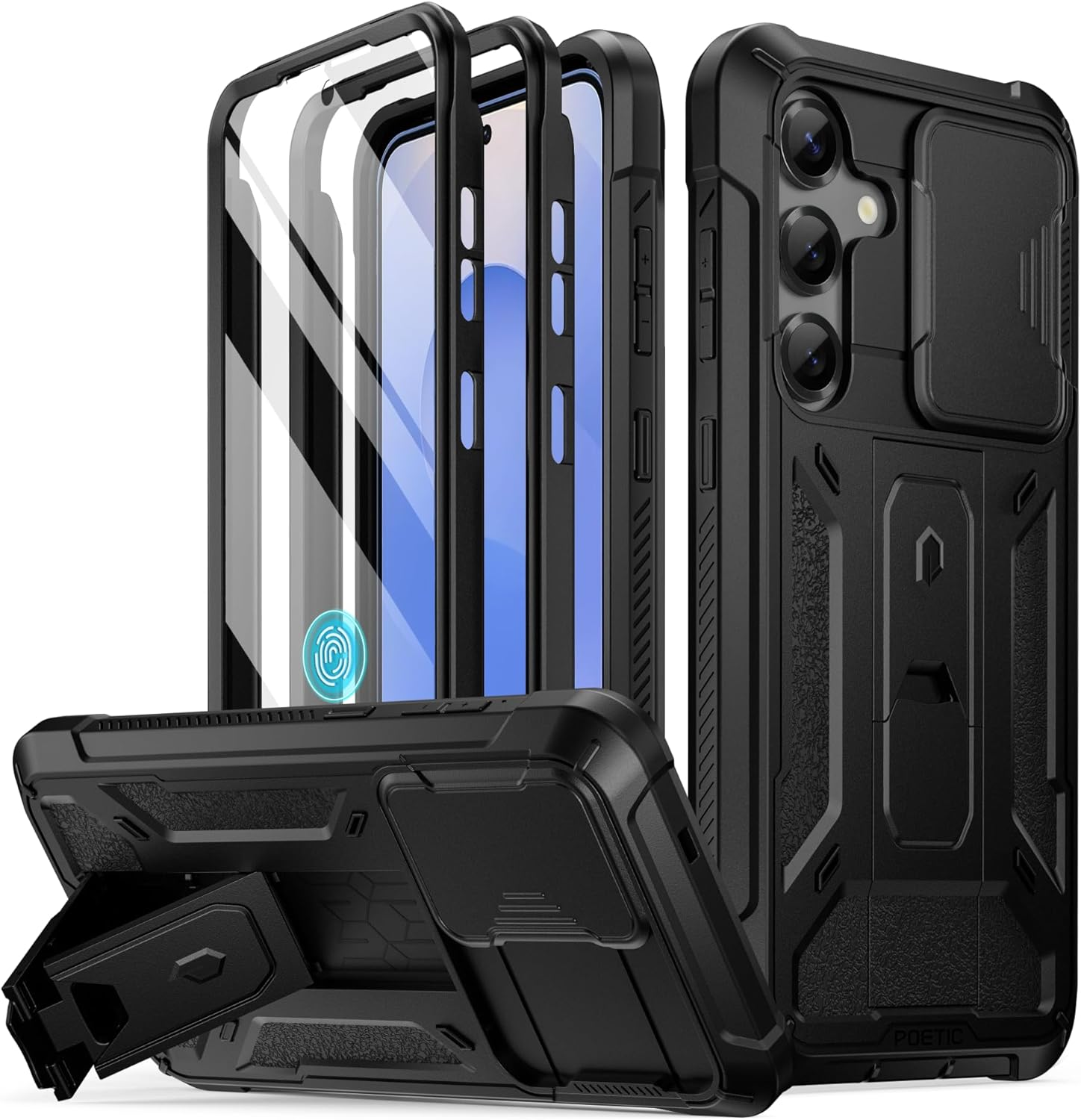 Poetic Spartan Case for Galaxy S25+ plus 6.7", [Slide Camera Cover] [Screen Protector Works with Fingerprint Id]Military Grade Rugged Shockproof S25 plus Phone Case with Kickstand, Metallic Gun Metal