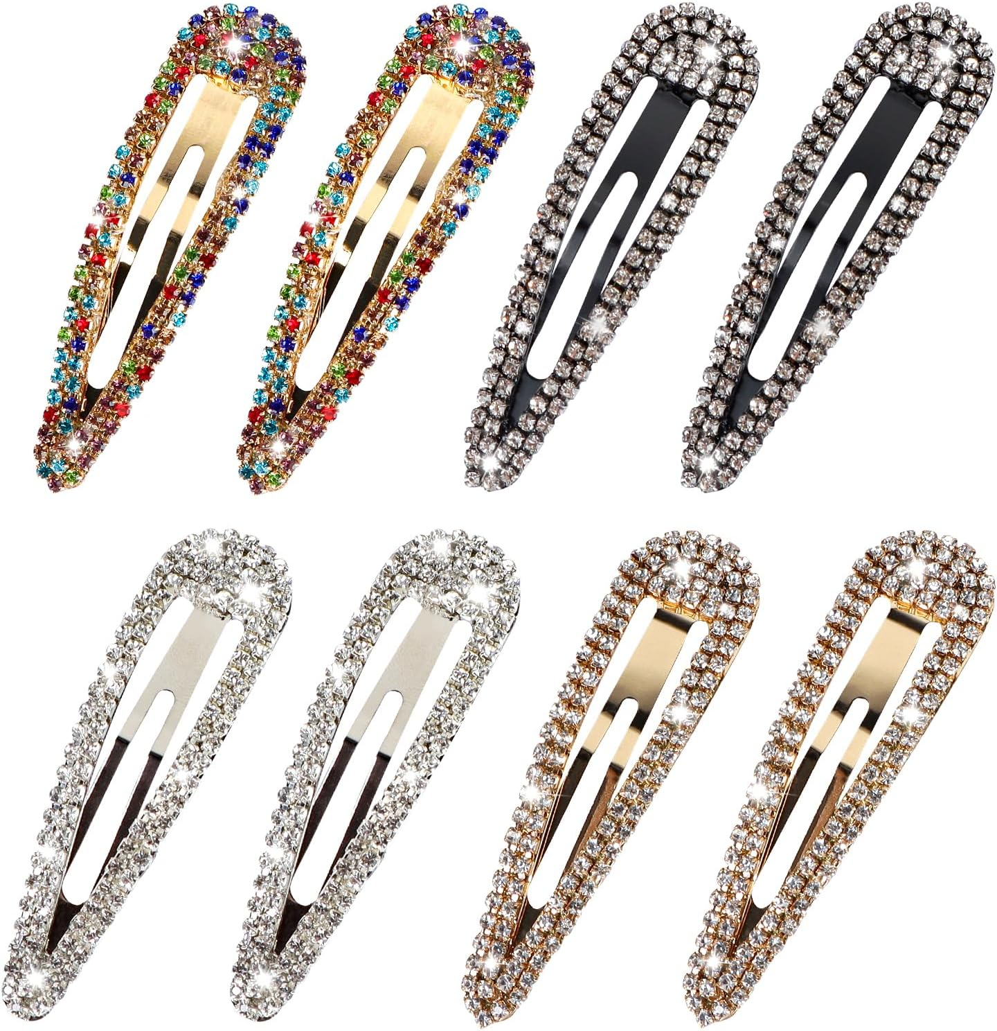 LOSANJI 8PCS Rhinestone Hair Clips, Water Drop Crystal Hair Barrettes, Bling Metal Snap Duckbill Hairpins Sparkle Hair Pin, Glittering Hair Accessories for Women Girls-Color, Gold, Silver, Black
