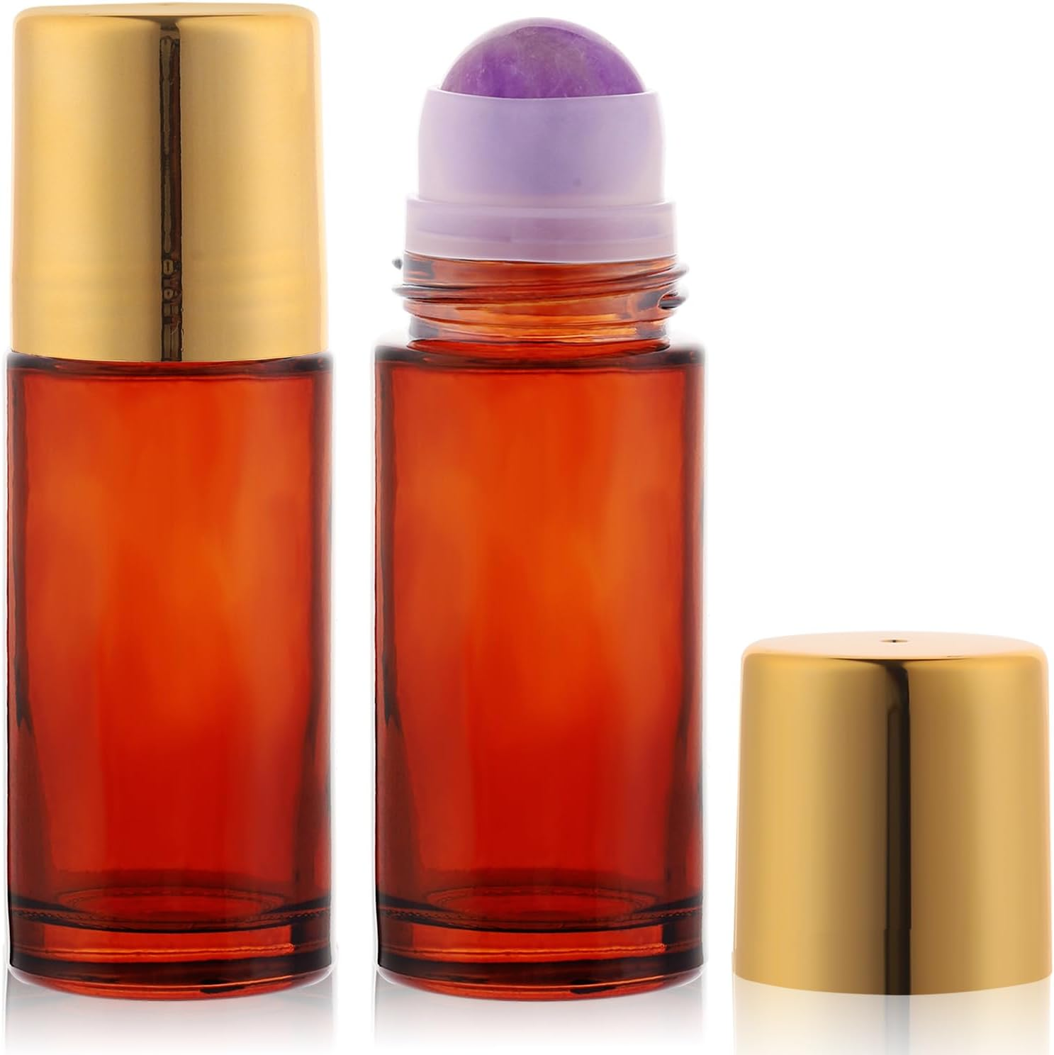 RAMFIYN 2 Pack Large Amber Glass Roll on Bottles for Essential Oils Perfume Refillable Roller Ball Applicator Empty Deodorant Containers with Purple Crystal Rollerball