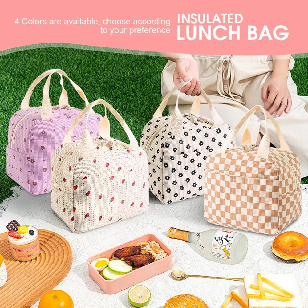 Insulated Lunch Bag for Kids & Adults, Reusable Corduroy Lunch Box Tote Bags, Leakproof Cooler Bag for Work Office Picnic School Travel BBQ, Large Capacity & Cute Design (Beige Strawberry) - Beige Strawberry image number 1