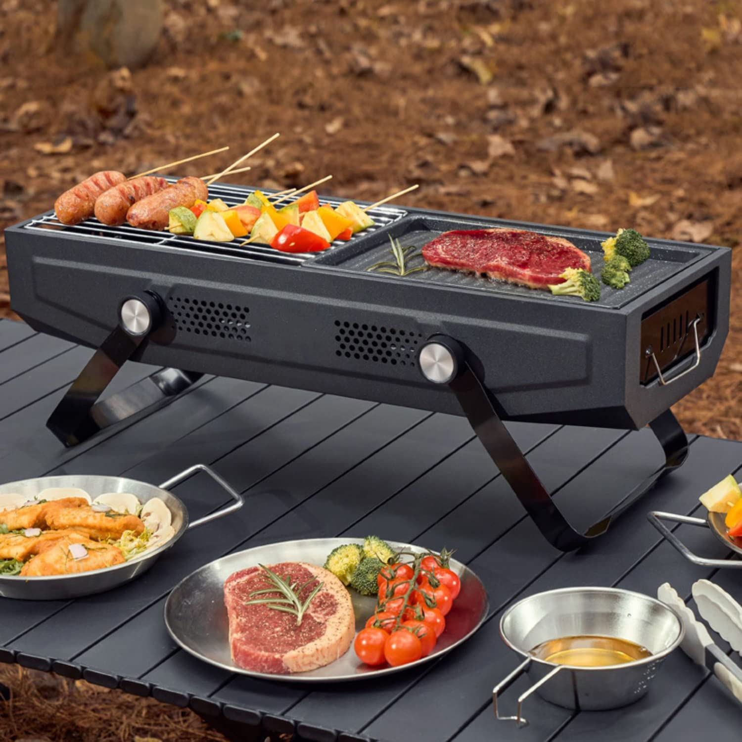 Ausleecostbay Portable Barbecue Charcoal Grill Stainless Steel Folding BBQ Tool Kits for Outdoor Cooking Camping Hiking Picnics Tailgating Backpacking or Any Outdoor Event (Grey) image number 6