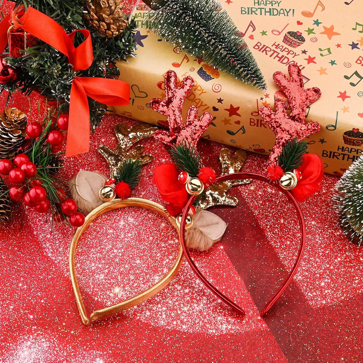 2 Pieces Christmas Headband Reindeer Antler Party Hats Xmas Hair Band Hair Hoop with Ears Christmas Head Hat Toppers Costume Headbands Photos Booth Headwear Party Decoration for Kids Adults image number 2