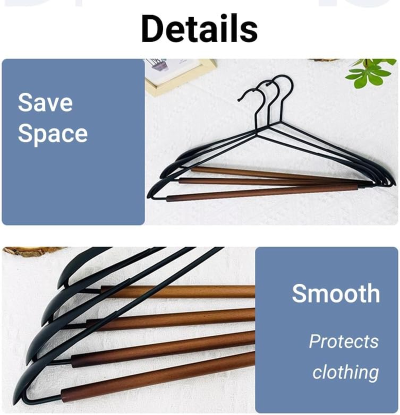 AIMALL 6Pcs Nordic Style Seamless Clothes Hangers 16.9X8.3In Black Iron-Wood Non-Slip Beech Wooden Hanger Set for Closet Coat Shirt Pants Heavy Duty Hanging Storage image number 2