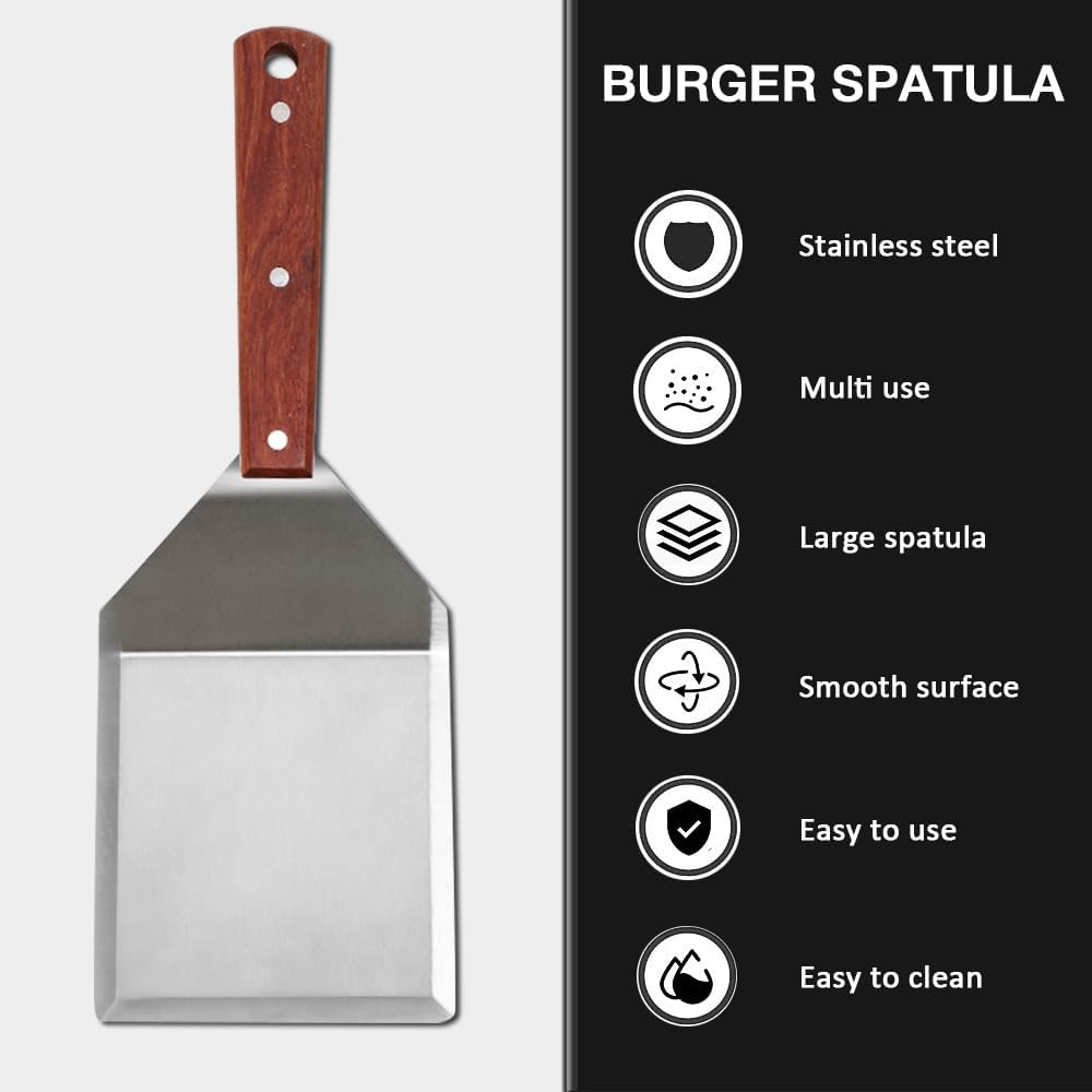 Stainless Steel Griddle Hamburger Spatula with Strong Wooden Handle, 13.5 X 5 Inches, Heavy Spatula Turner with Hook, Great for Pancake Flipper, Fish, Eggs, Burgers, Omelet and More image number 1