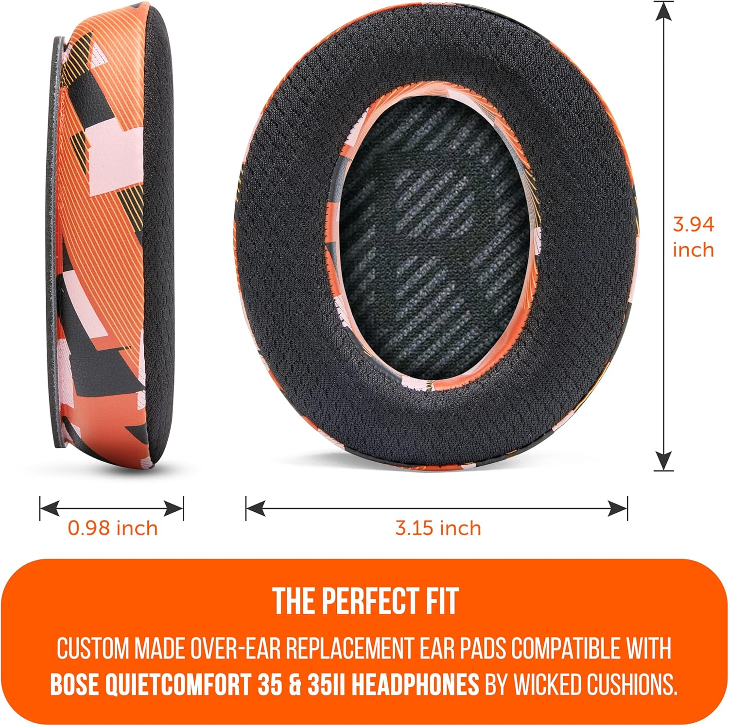 WC Freeze QC35 - Cooling Gel Ear Pads for Bose QC35 & Qc35Ii (Quietcomfort 35) Headphones & More | Breathable Sports Fabric, Cooling Gel, Extra Thick & Cooler for Longer | Orange Prism - Black image number 5