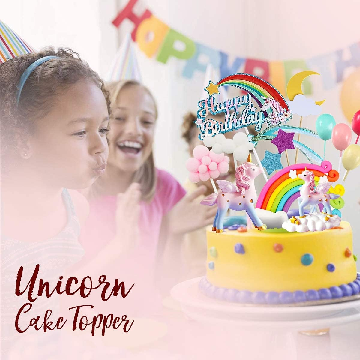 Humairc Unicorn Cake Decoration Rainbow Unicorn Cake Topper Happy Birthday Topper Cloud Balloons Moon Stars Cupcake Topper for Girl Kid Women Birthday Party Wedding Anniversary Decoration image number 1
