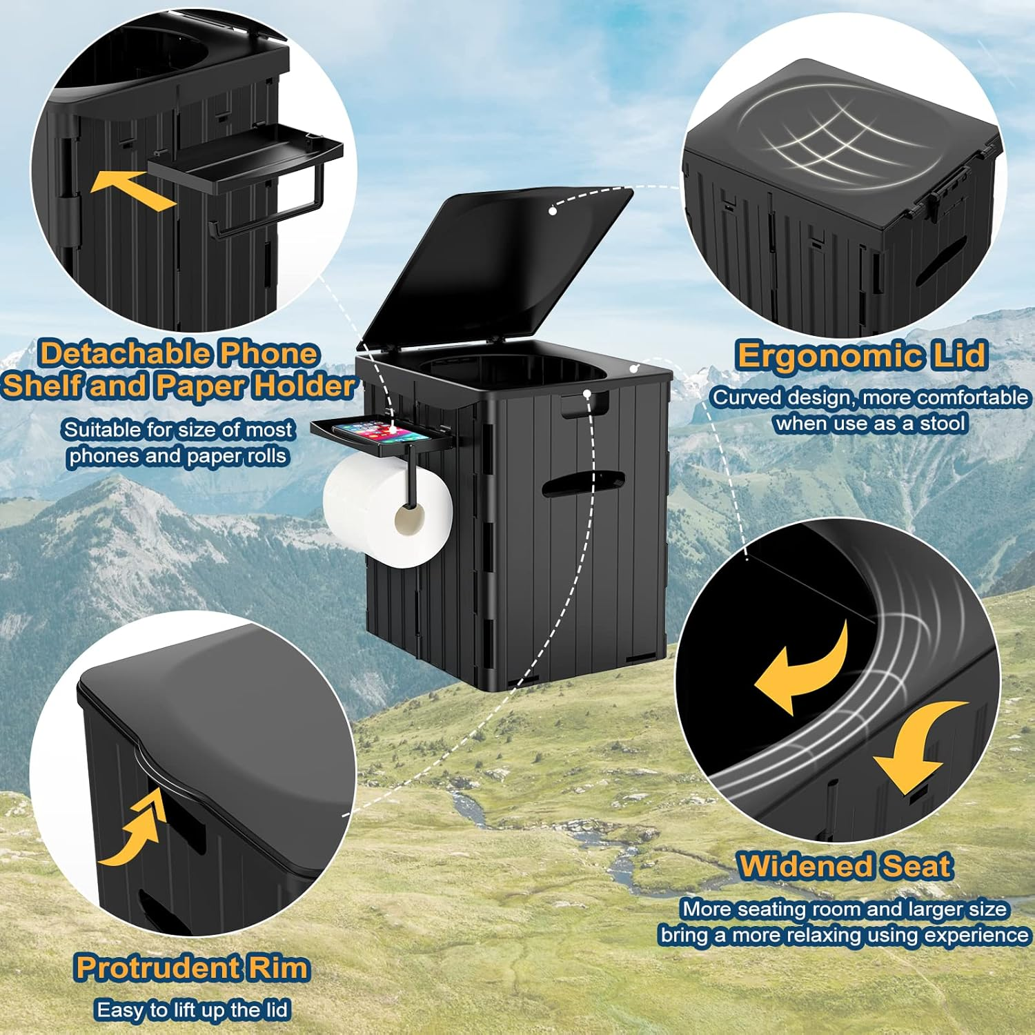 PAHTTO XL Portable Toilet for Adults, Extra Large 15.4''H Foldable Camping with Detachable Phone Shelf & Paper Holder, Waterproof Porta Potty Lid Camping, Hiking, Long Road Trips, Car, Black image number 4