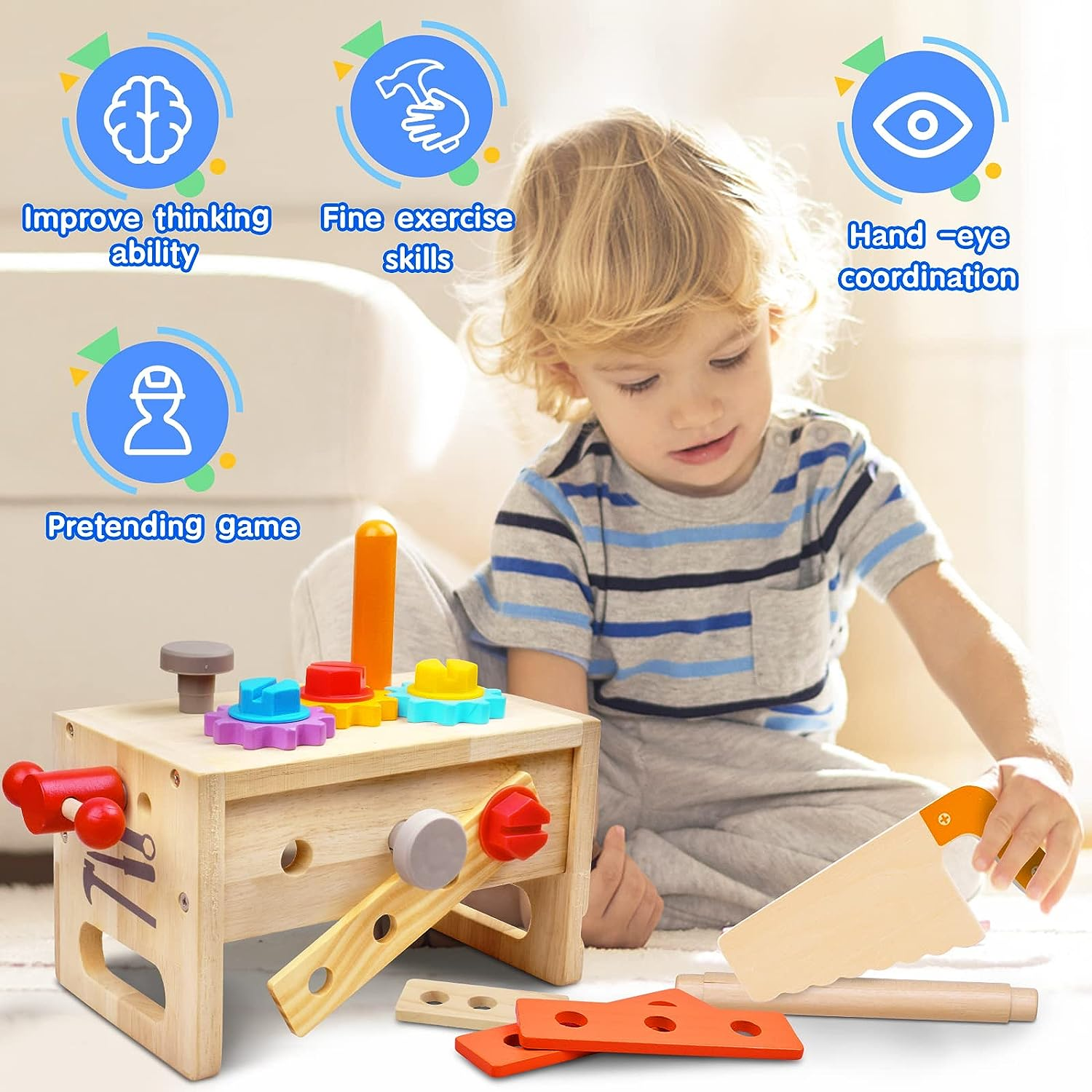 Wooden Tool Set for Kids 3 4 5 Year Old, 29 Pcs Educational STEM Toys Suit, Pretend Play Construction Toy Montessori Toys for 3 Year Old, Gift for Toddlers Boys Ages 3 4 5 6 7 Years Old image number 5