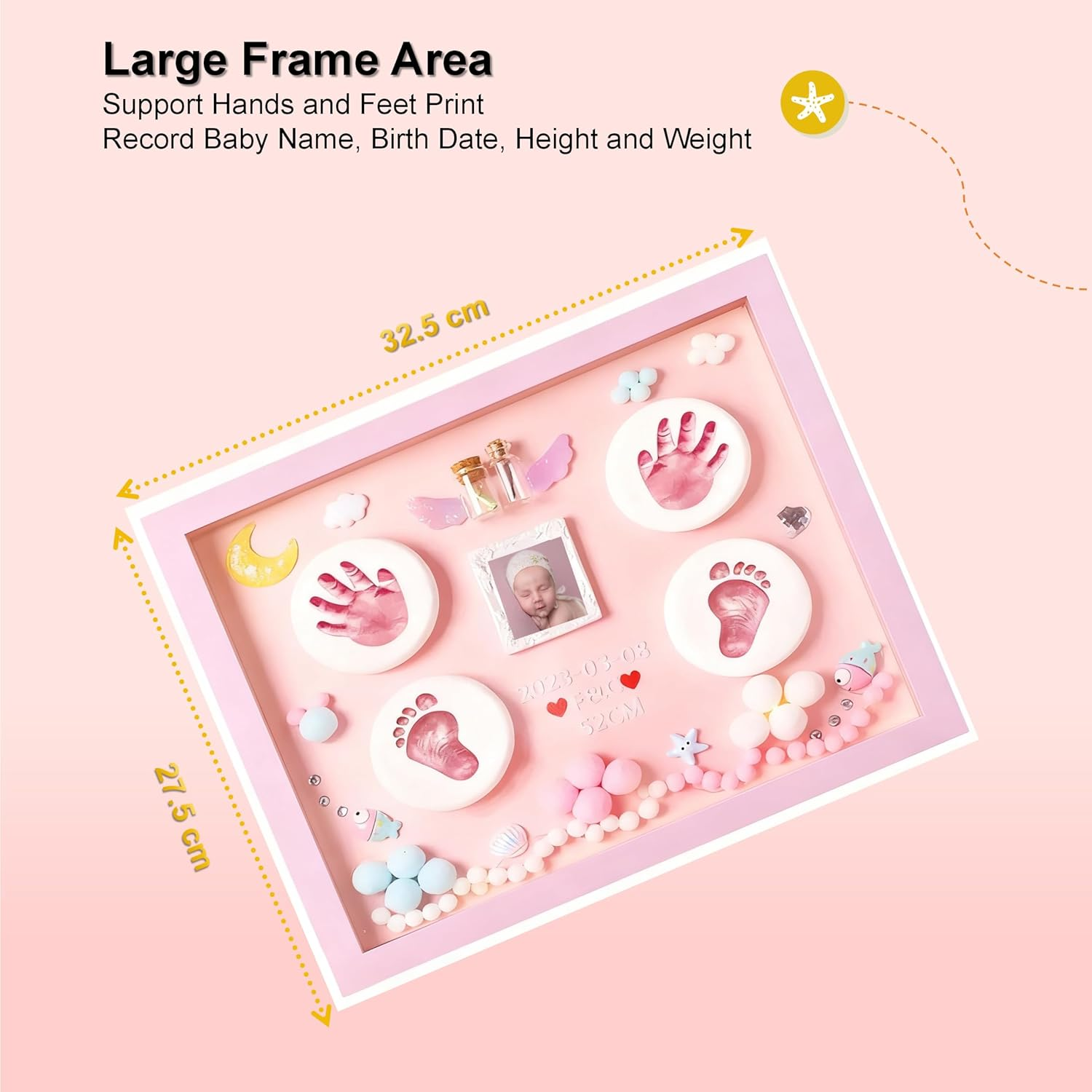 Pink Baby Handprint and Footprint Photo Frame for Girls Baby Shower, Personalized New Moms Gift with Hand and Foot Clay Mold and Casting Kit for Newborn Essentials, All-In-One Baby Registry Stuff with Nursery Picture Frame for New Parents image number 1