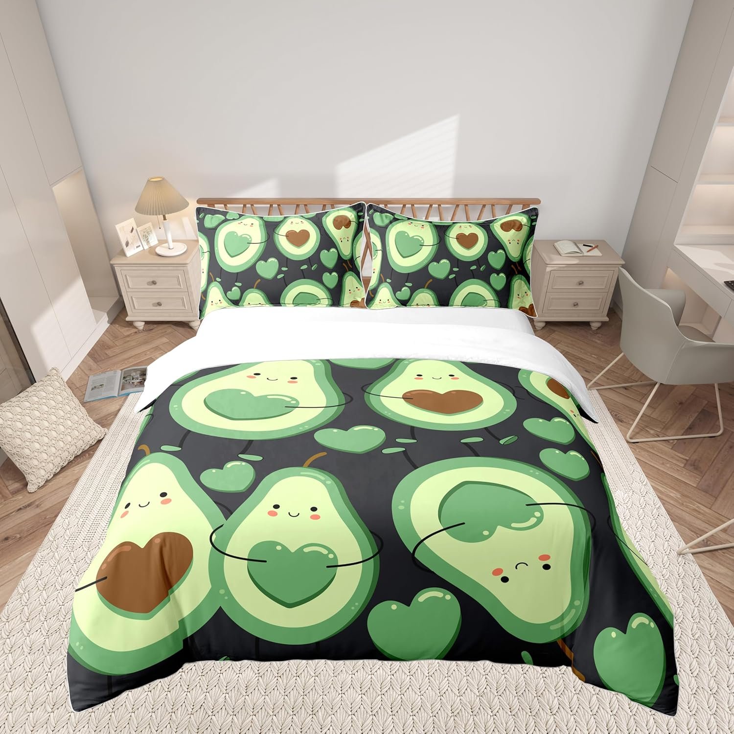 Homemissing Cartoon Avocado Duvet Cover Set, Sweet Tropical Fruits Bedding Set, 135 X 200 Cm, Couples Bed Set for Boys, Girls, Children, Teenagers, Love, Bedroom Decor, Green with 1 Pillowcase