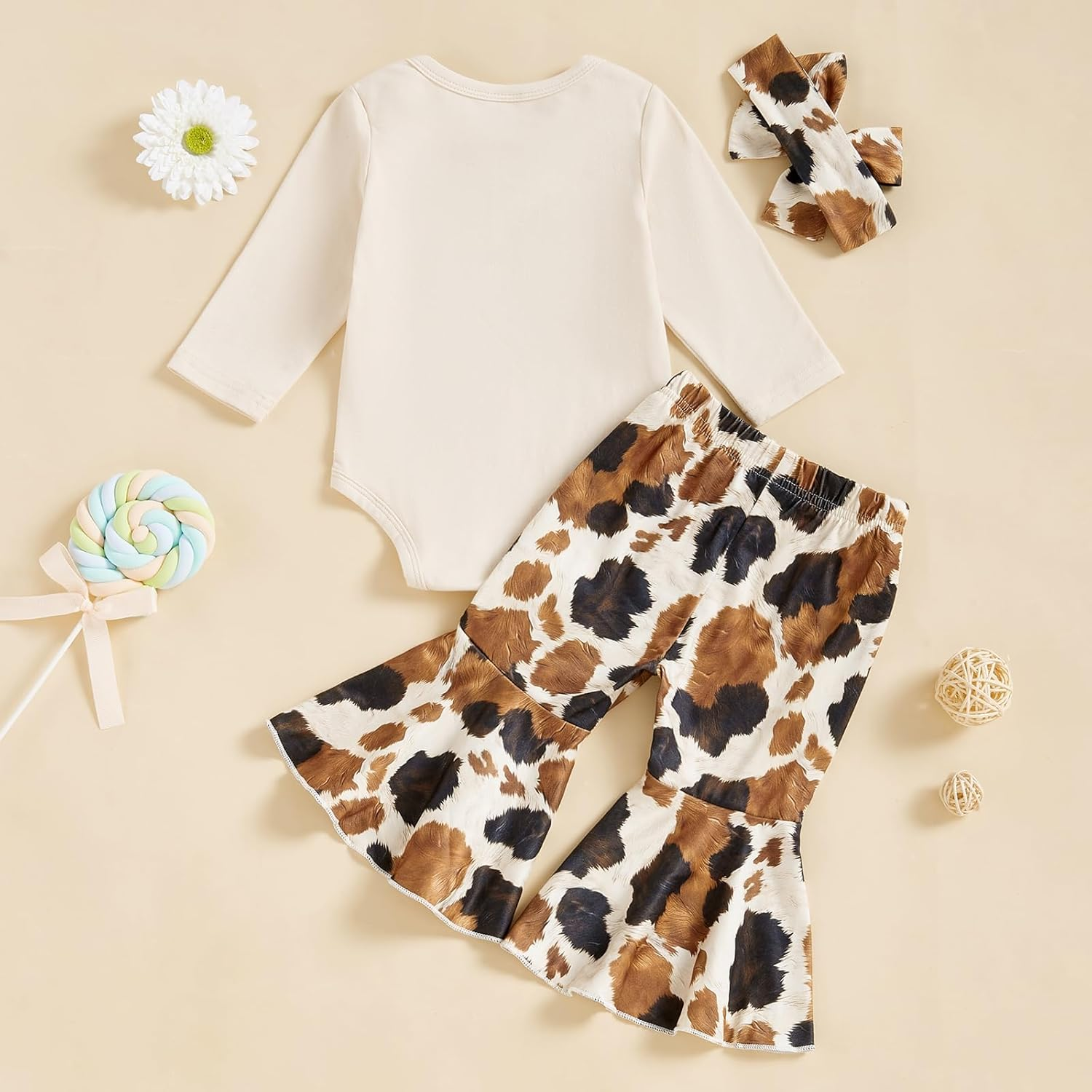 Chloefairy Western Baby Girl Fall Clothes Holy Cow I'M Cute Romper Bell Bottoms Flare Pants Set 3Pcs Infant Cowgirl Outfit