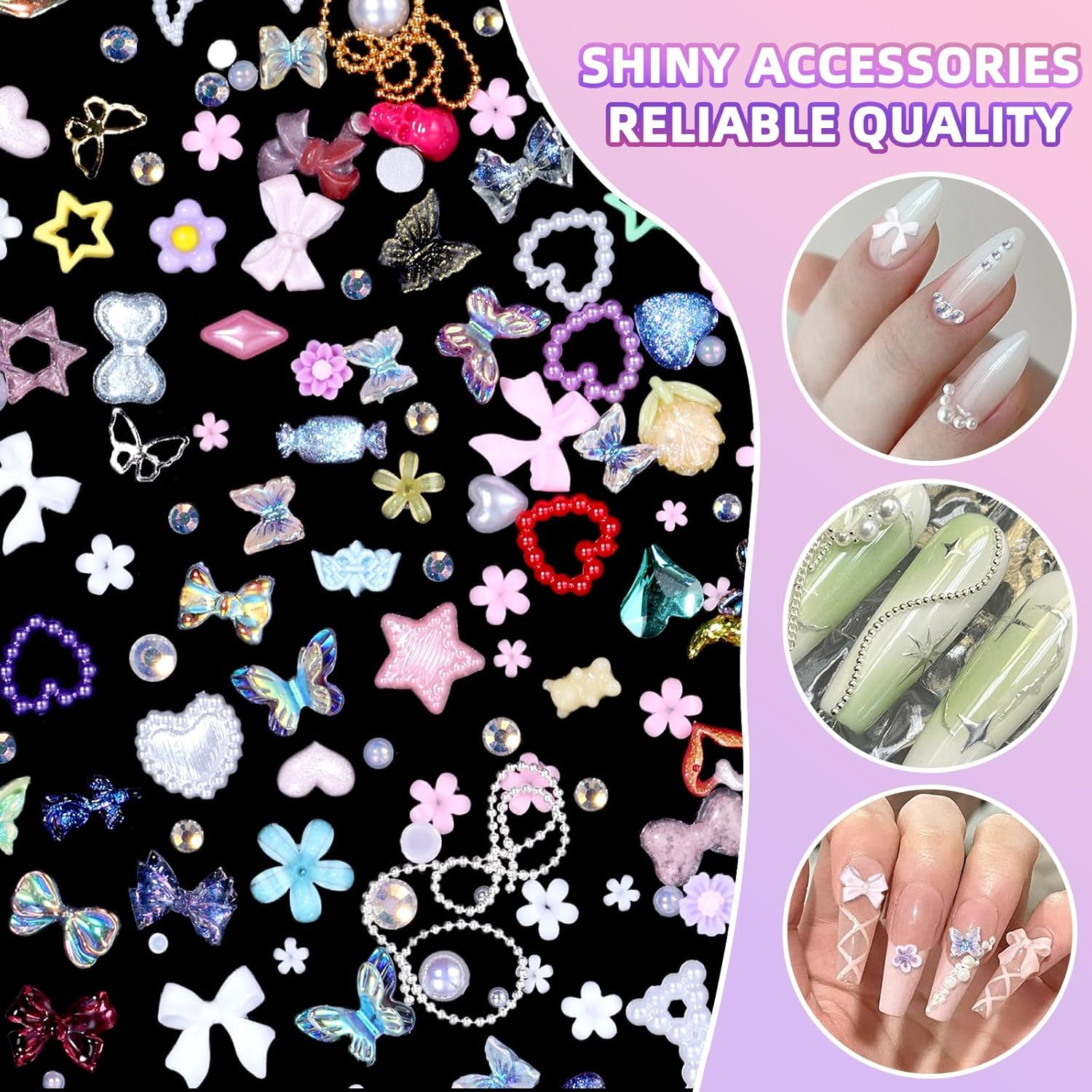 3D Nail Art Charms Set - Flower, Bow, Moon, Heart, Star, Butterfly, Blossom, Half round Pearl Nail Charms, Flatback Gems AB Rhinestones- DIY Nail Art Supplies Accessories image number 1