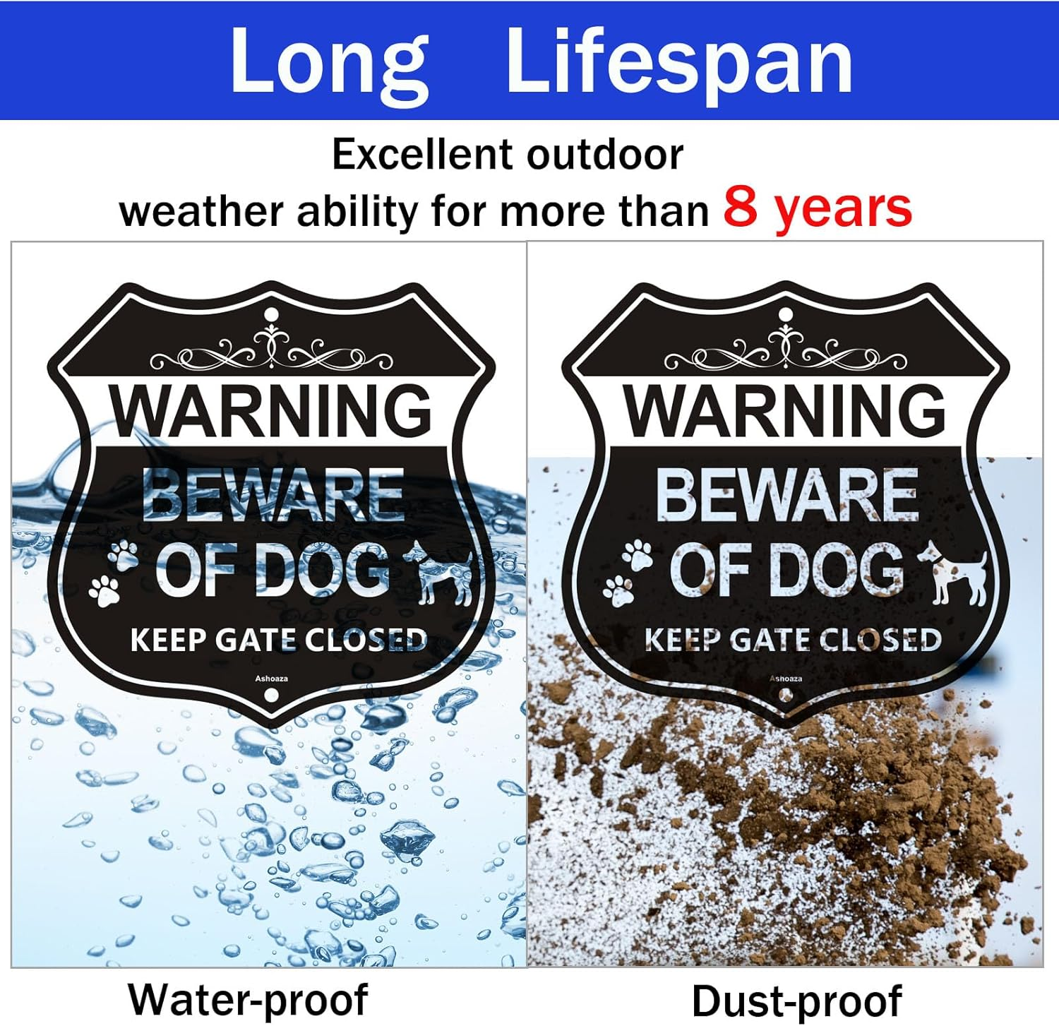 Ashoaza Beware of Dog Signs for Fence, Warning Aluminum Sign Beware of Dog, Keep Gate Closed, Pre-Drilled Holes for Easy Mounting for Door or Gate 20X20 CM (2 Pack) image number 5