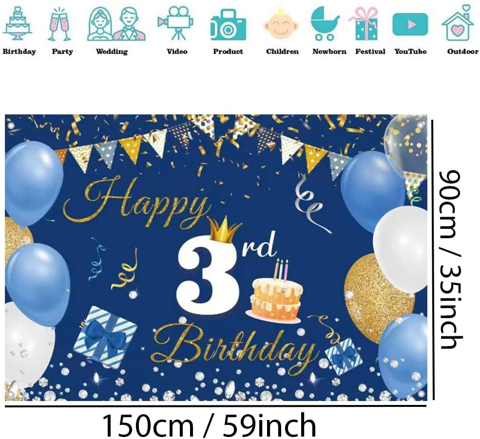 3Rd Birthday Decorations Happy 3Rd Birthday Backdrop Banner for Boys/Girls Happy 3 Years Old Fabric Sign Poster, Blue Photography Background Third Birthday Party Table Decoration, 59"X35.4"