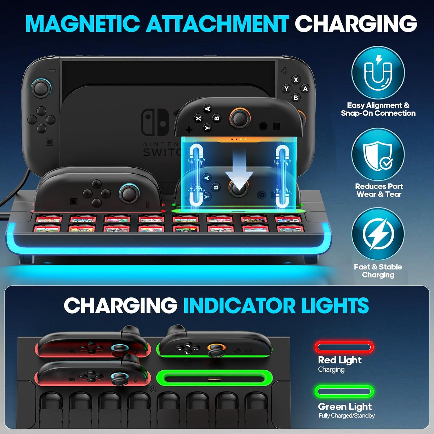 Switch 2 Organiser Station for 2025 NS2 Controllers & Console, Magnetic Switch 2 Controller Charger Dock with 9 RGB Modes, Switch 2 Joycon Charging Dock with 16 Game Card Slots, NS2 Storage Organizer image number 3