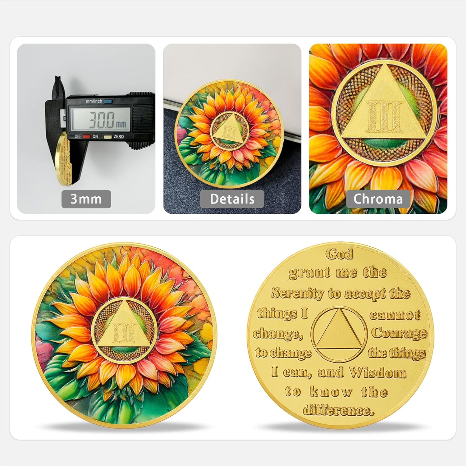 3 Year Sunflower Sobriety Coin - AA Chip Recovery Token - Sober Medallion with Serenity Prayer - AA Coin for Sobriety Gifts for Women and Men - Sober Gift Recovery Medal for AA Token Milestones image number 3