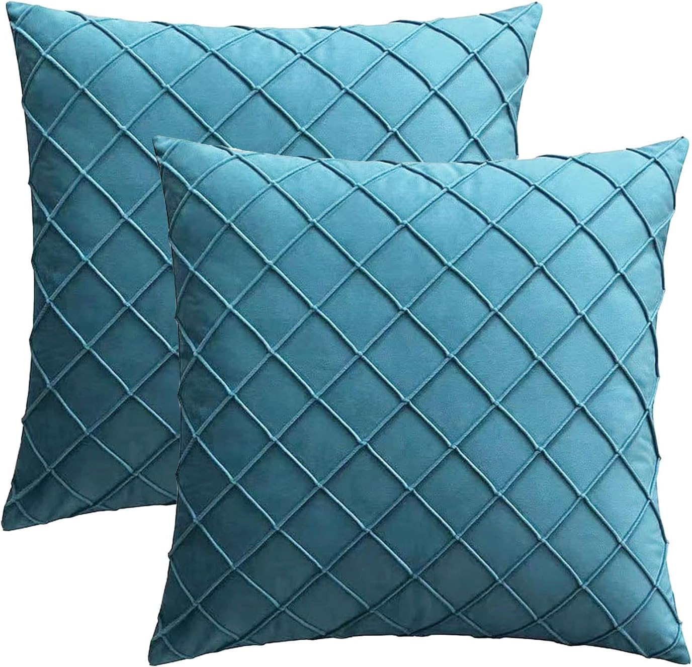 Set of 2 Luxton Pleated Velvet Cushion Covers Teal Green Home Decor Checked Pattern Cushion Covers for Lounge Sofa Couch Bedding Decoration (43X43Cm, Teal Green)