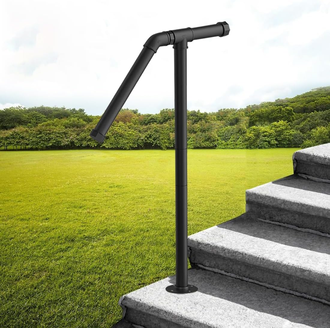 REASOR Outdoor Stair Railing Handrail for 1-2 Steps, Single Post Wrought Iron Rail for Concrete or Wooden Stairs, Black Powder Coated, 25Mm Diameter, Supports up to 100Kg image number 4
