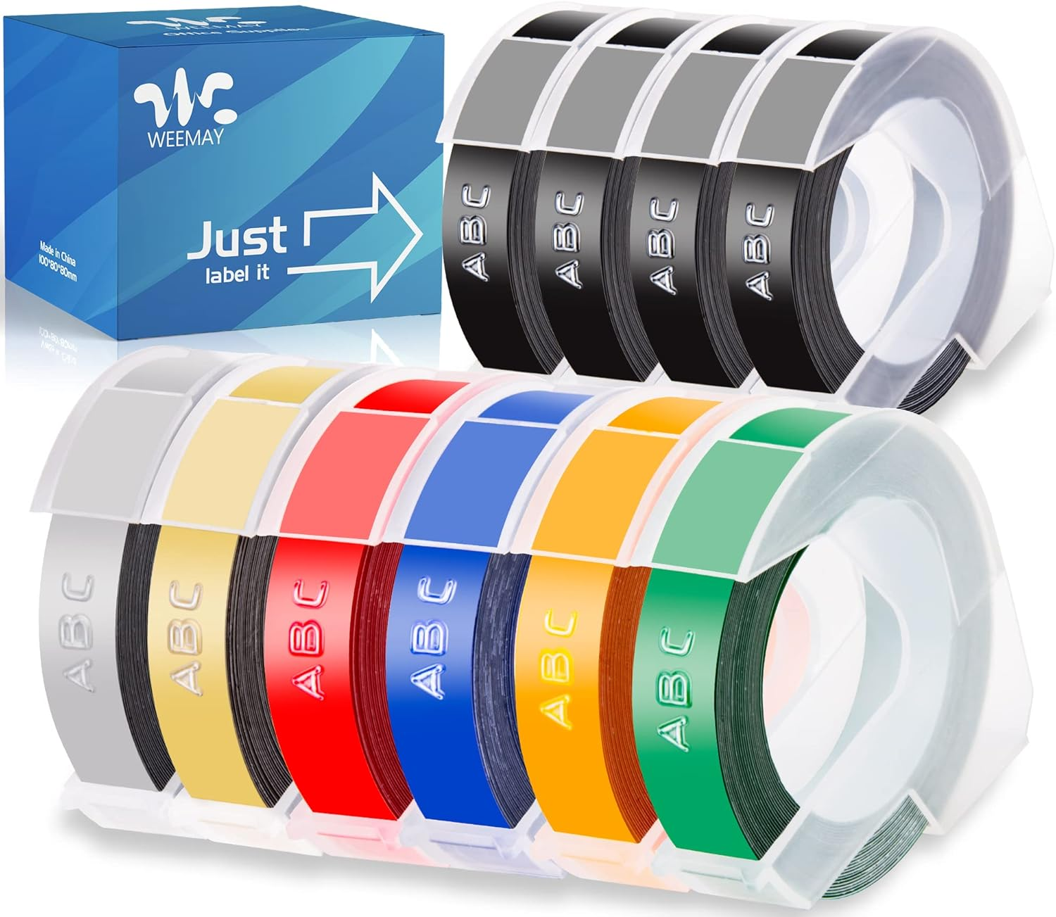 Weemay 10 Pack 3/8" Embossing Tape Compatible for Dymo 3D 9Mm Plastic Embossing Label Tape for Organizer Xpress Pro 12965 DYM12966 Office Mate II Junior Home Embossing Label Maker, 3/8 Inch X 9.8 Feet image number 1