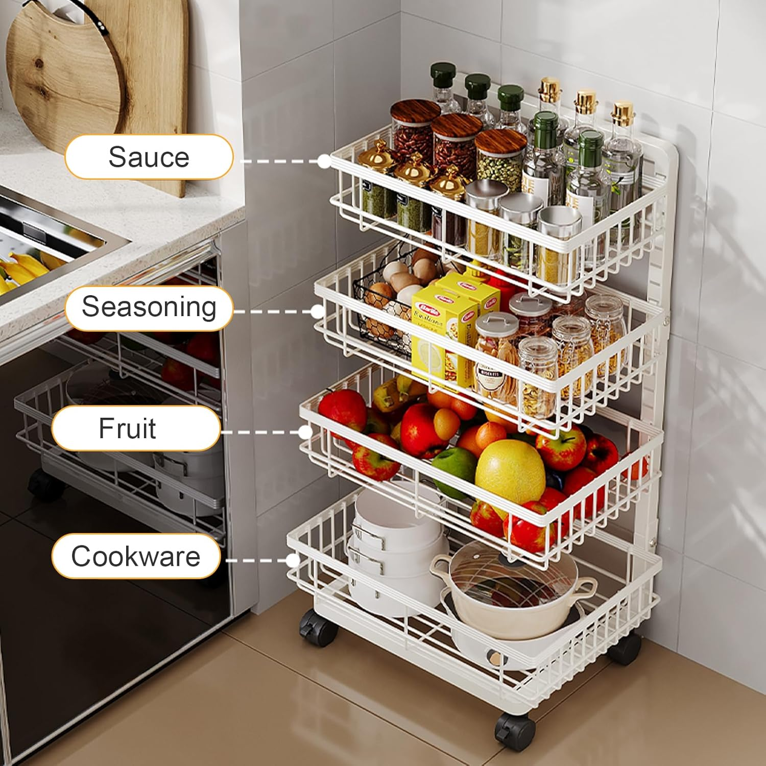 4-Tier Utility Rolling Cart, Metal Storage Cart with Wheels, Versatile Rolling Storage Snack Carts, Adjustable Fruit Vegetable Basket Rack for Pantry, Bathroom, Kitchen, Office (White)