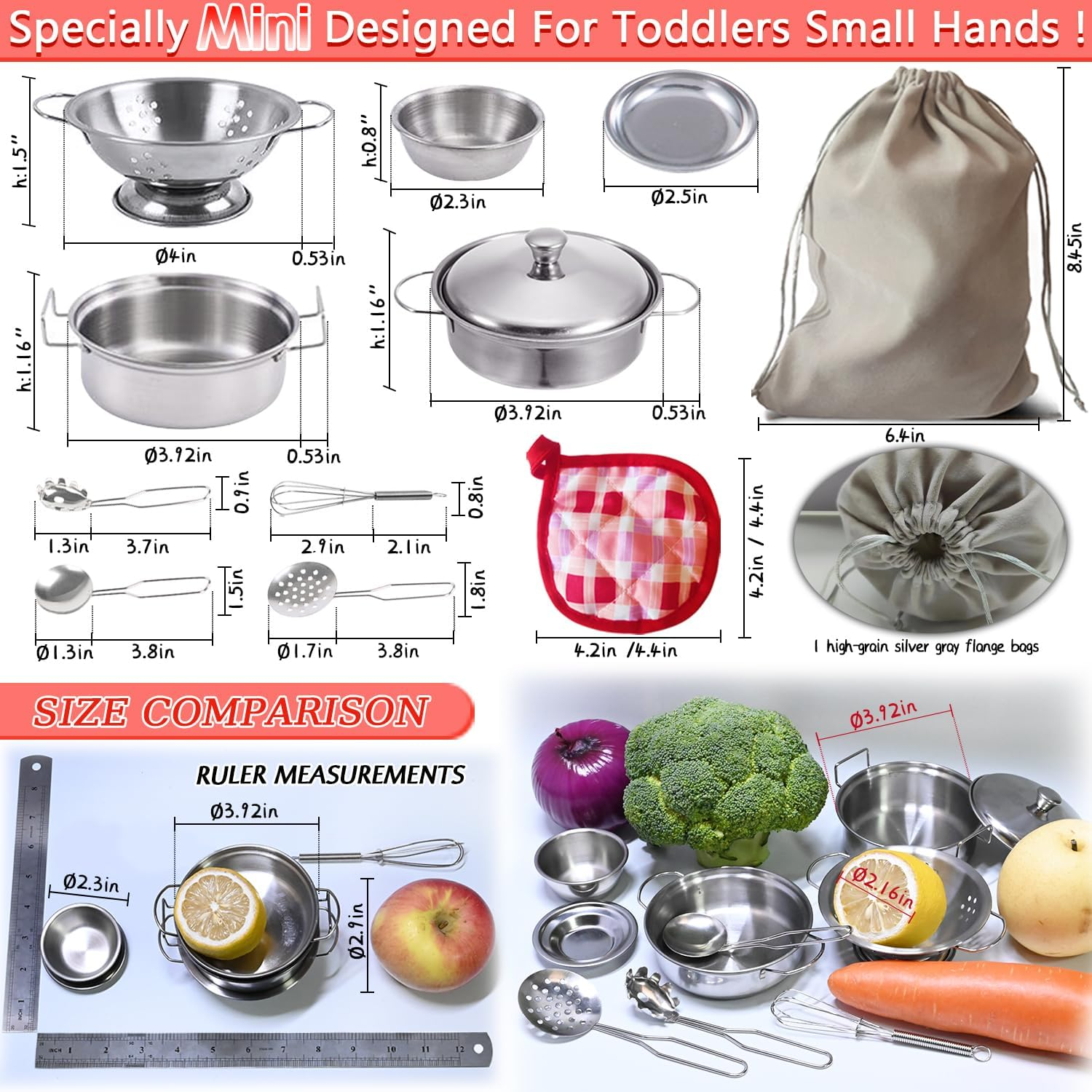 Kids Pretend Play Toys, Mini Kitchen Accessories Set with Stainless Steel Pots and Pans, Miniature Cooking Utensils Cookware for Girls and Boys, Classic Style 11PCS image number 4