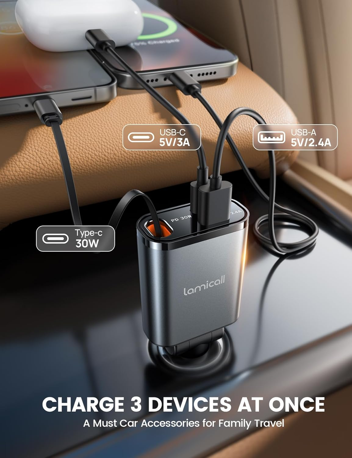 Lamicall Retractable Car Charger 3 in 1 USB C Fast Charging [Ultra-Compact, 75% Less Space] 57W Type C Car Charger Fit Iphone 16 16E 15 Pro Max plus Samsung Galaxy S25 S24 Ultra Pixel Android image number 5