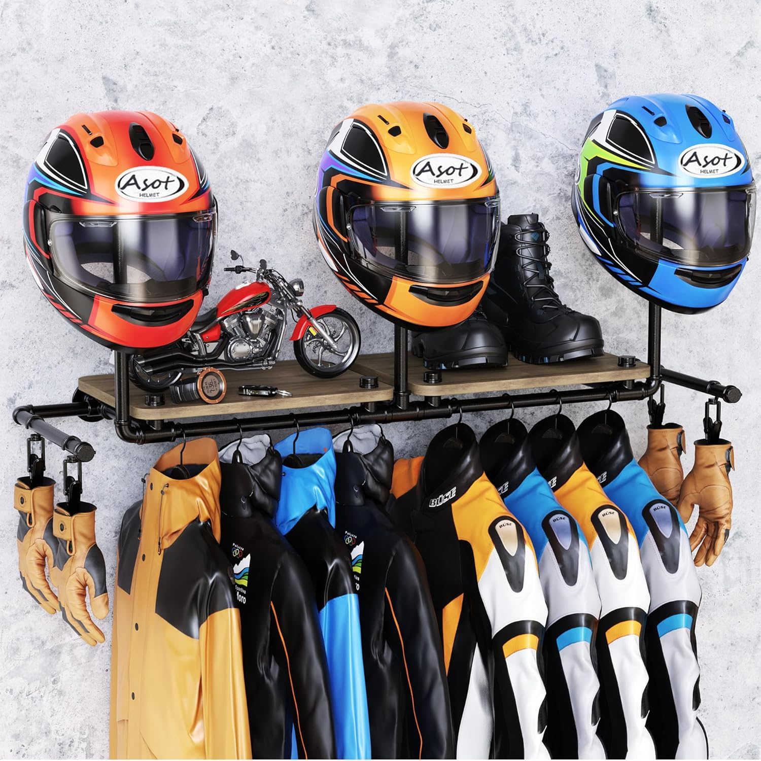 Double Motorcycle Helmet Holder Wall Mount, Helmet Hanger and Jacket Holder Wall Mount, Riding Gear Display Rack with 4 Hooks, Helmet Stand for Accesories Storage (3 Helmets) image number 6