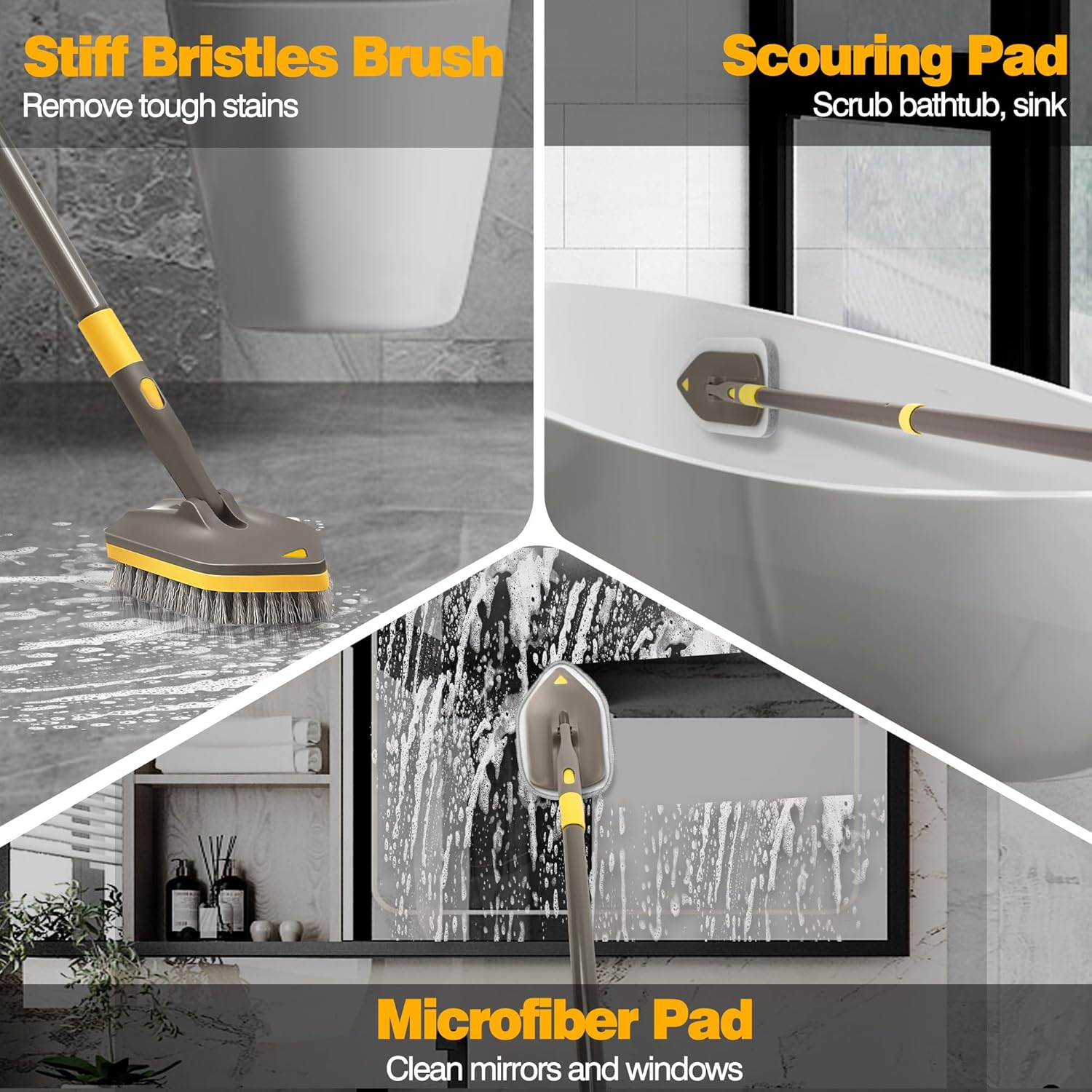 NEWE Shower Cleaner Brush, Tub Tile Scrubber with Telescopic Long Handle 142 Cm, 4 Scrub Heads for Cleaning Bathroom Bathtub Floor Baseboard Sink Kitchen Toilet (Brown Yellow) - Brown Yellow image number 2