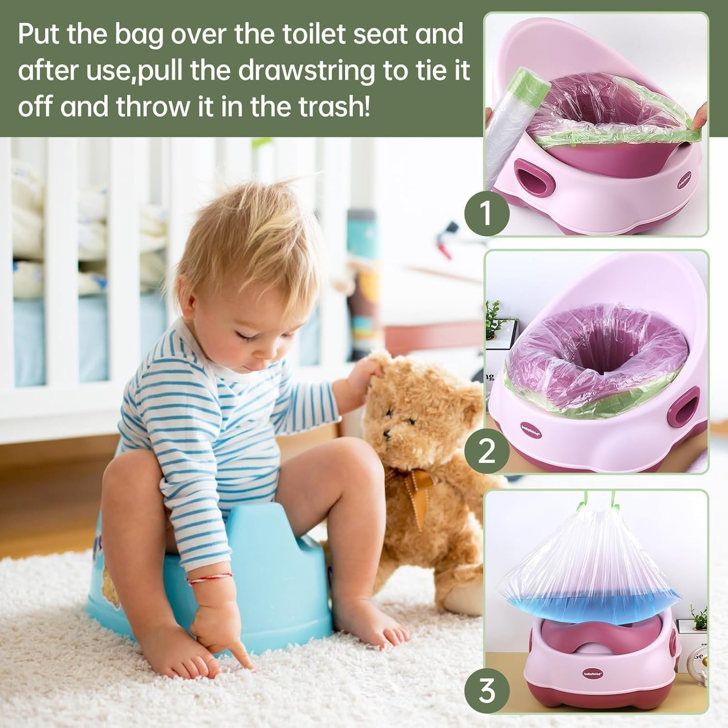 300 Pack Potty Chair Liners with Drawstring,Training Toilet Seat Potty Bags,Disposable Cleaning Bag for Kids Toddler Adults Pet Outdoors(44 X 24 Cm) image number 1