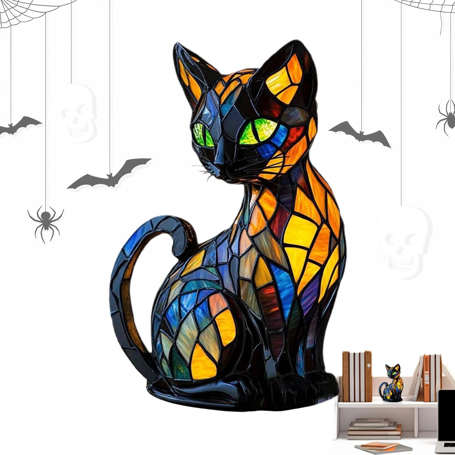 Cat Stained Glass Lamp, Resin Luminous Stained Glass Cat Lamp 17X10X10Cm, Cats Bedside Lamps Led Nightlight, Vintage Glasss Cats Lamps Desk, Handmade Resin LED Animal Bedside Table Night Light image number 4