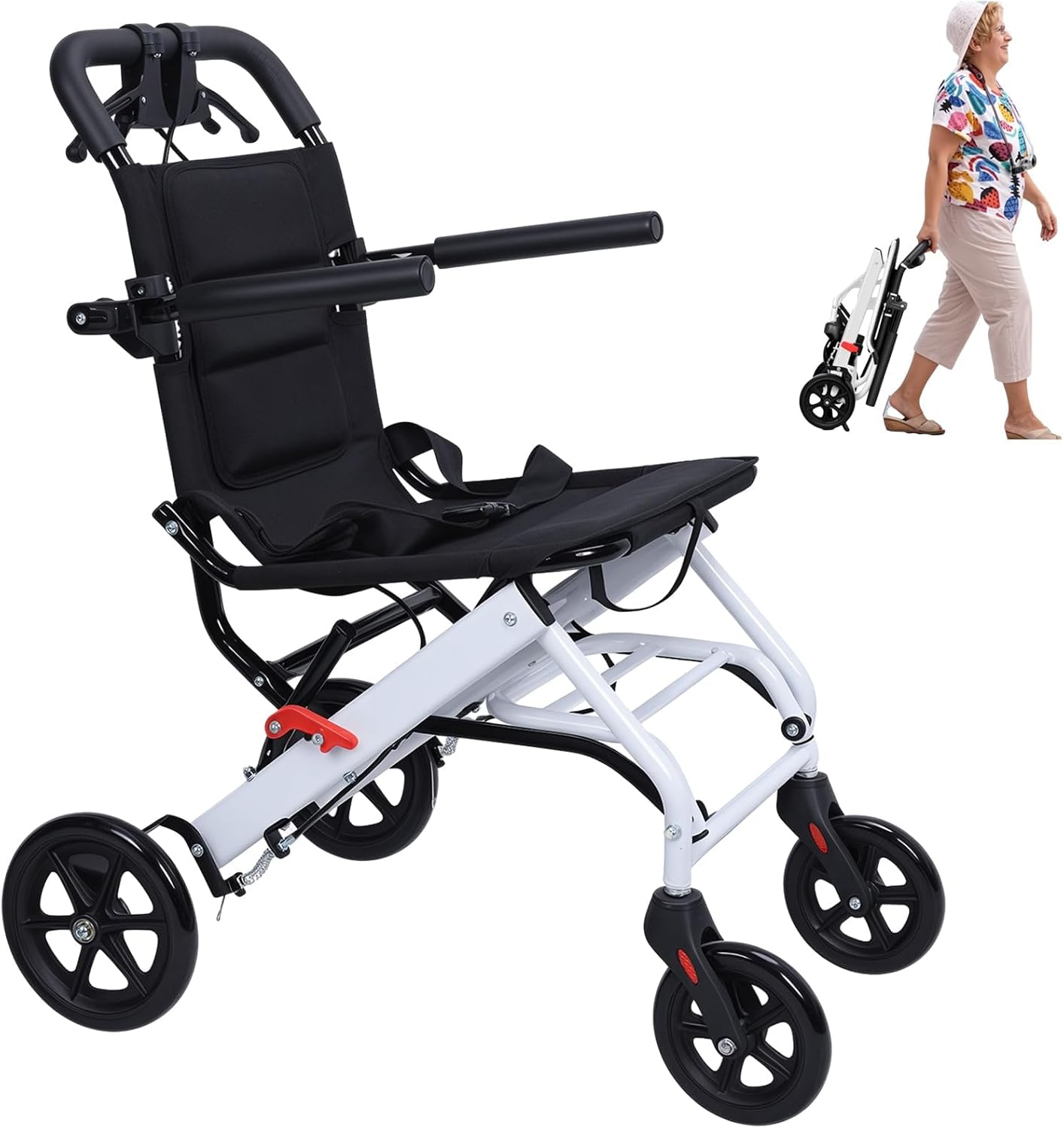 Lightweight Foldable Wheelchairs for Adults Transport Chair with Telescopic Handle, 21Lbs Portable Folding Travel Transfer Wheel Chairs for Seniors, 12" Rear Wheels image number 4