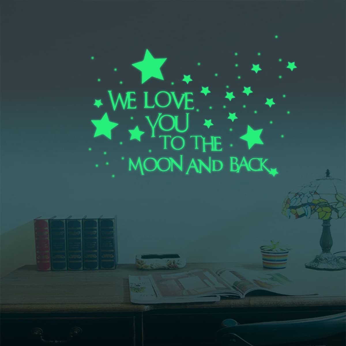 Nursery Wall Decals Glowing Words Stickers - WE Love You to the Moon and Back - Words Glow in the Dark with Stars around Wallpaper for Kids Bedroom Ceiling image number 3