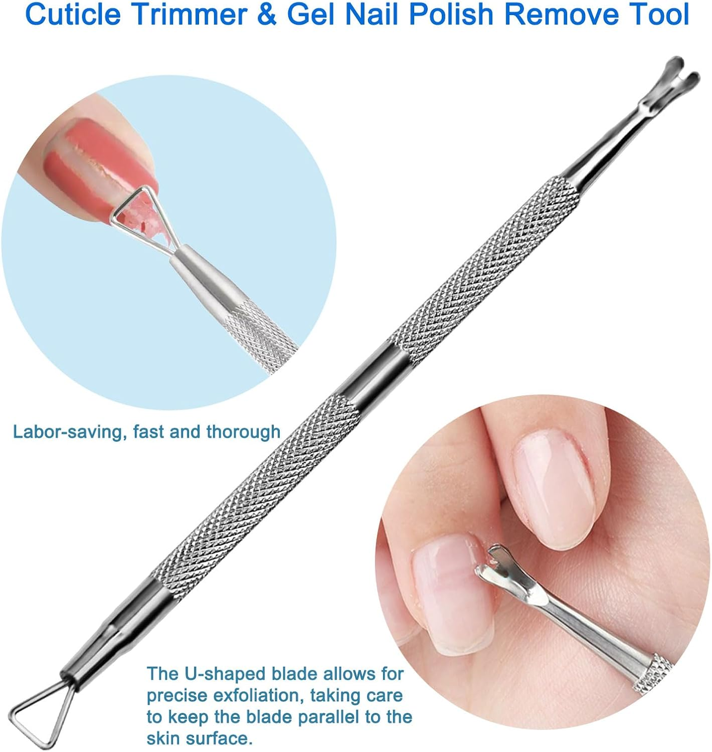 HIFAU Cuticle Pusher and Cuticle Remover Tool Set, 2PCS Premium Stainless Steel Cuticle Trimmer and Nail Polish Removal Tools Set, for Wommen image number 3