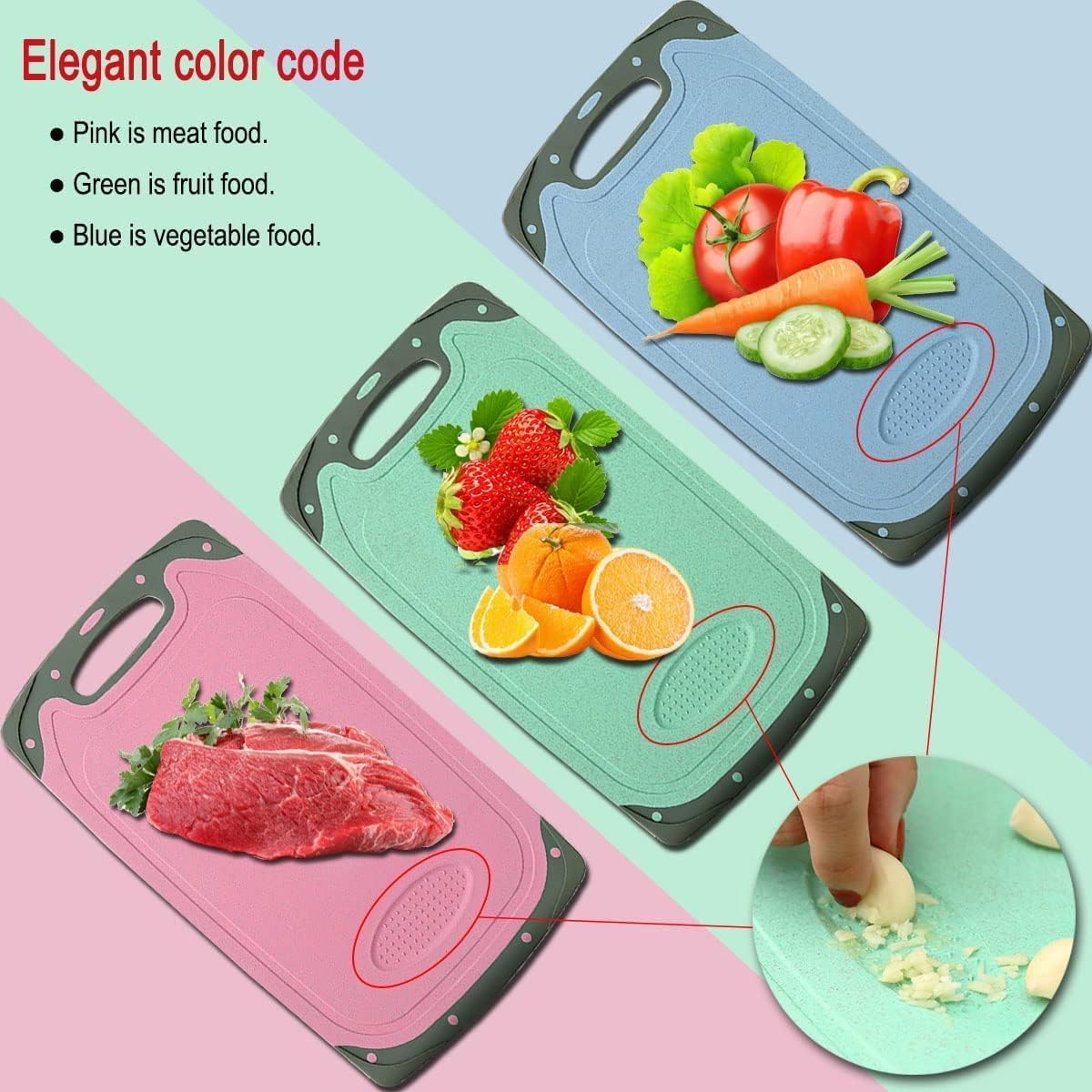 BLAZDEVE Chopping Board Set, 3Pcs BPA Free Kitchen Thick Plastic Cutting Boards with Non-Slip Feet and Deep Drip Juice Groove, Hanging Hole, Large Chopping Boards for Fruits, Vegetables, Meats image number 3