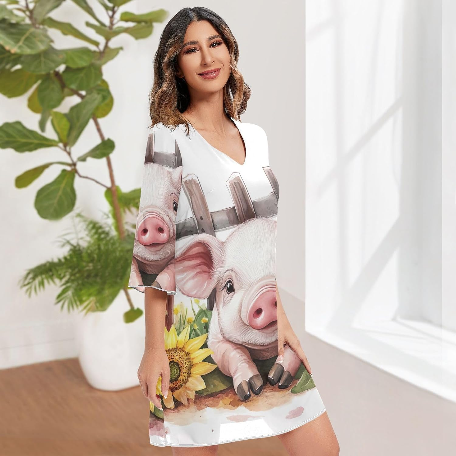 Cute Pig Floral Short Dress Printed Line Maternity Dress S-XXL image number 2